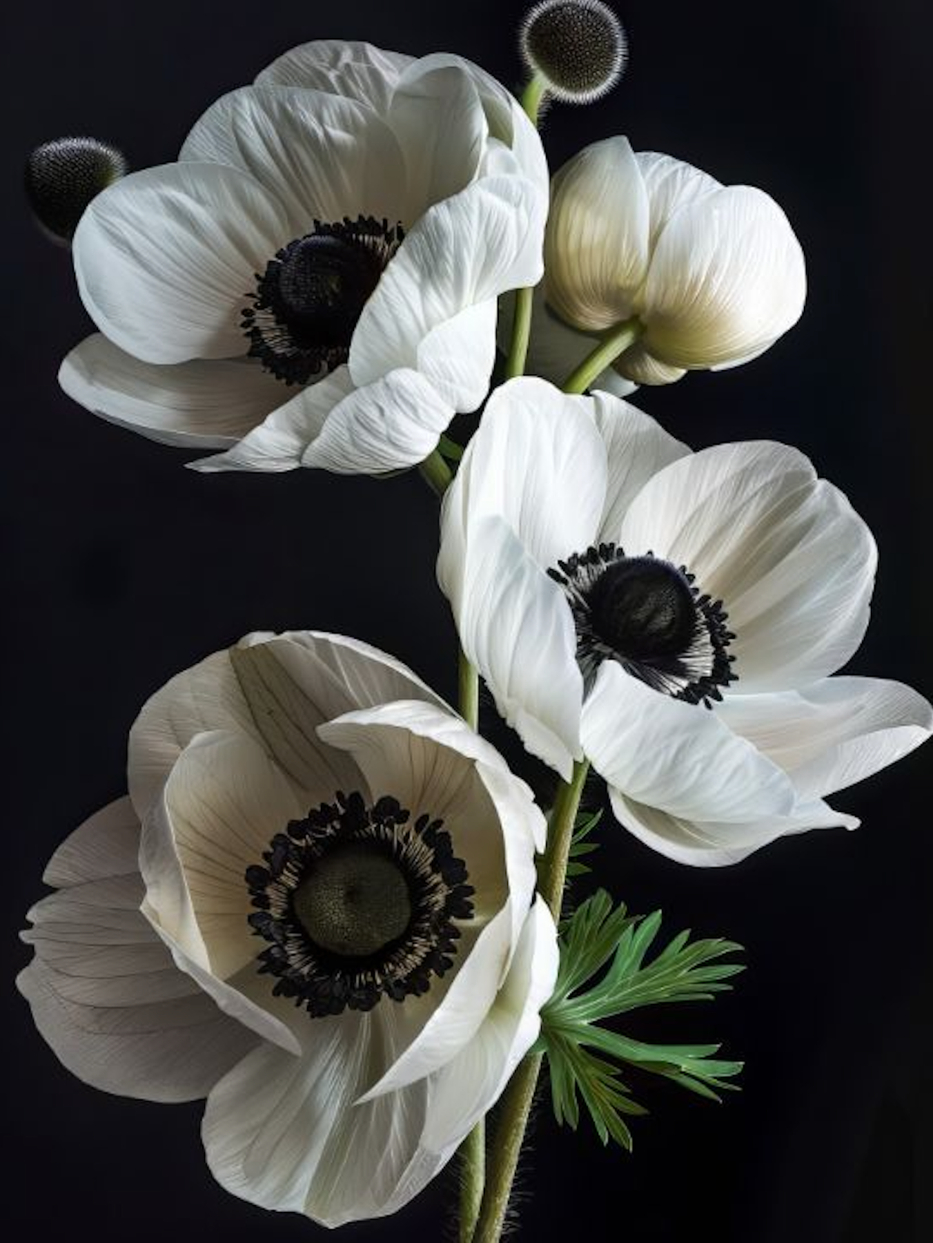 Anemones with inky-black centres glowing against a dark ground