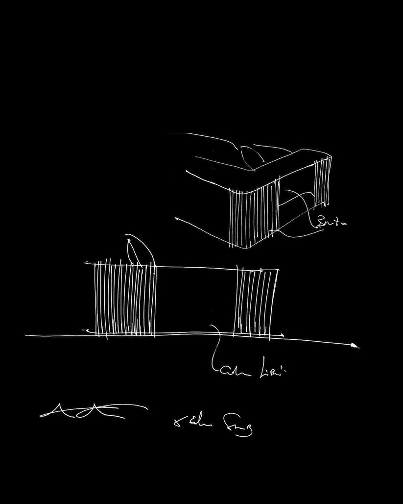 White-line concept sketch of kitchen island and bench joinery for the Circular Quay project