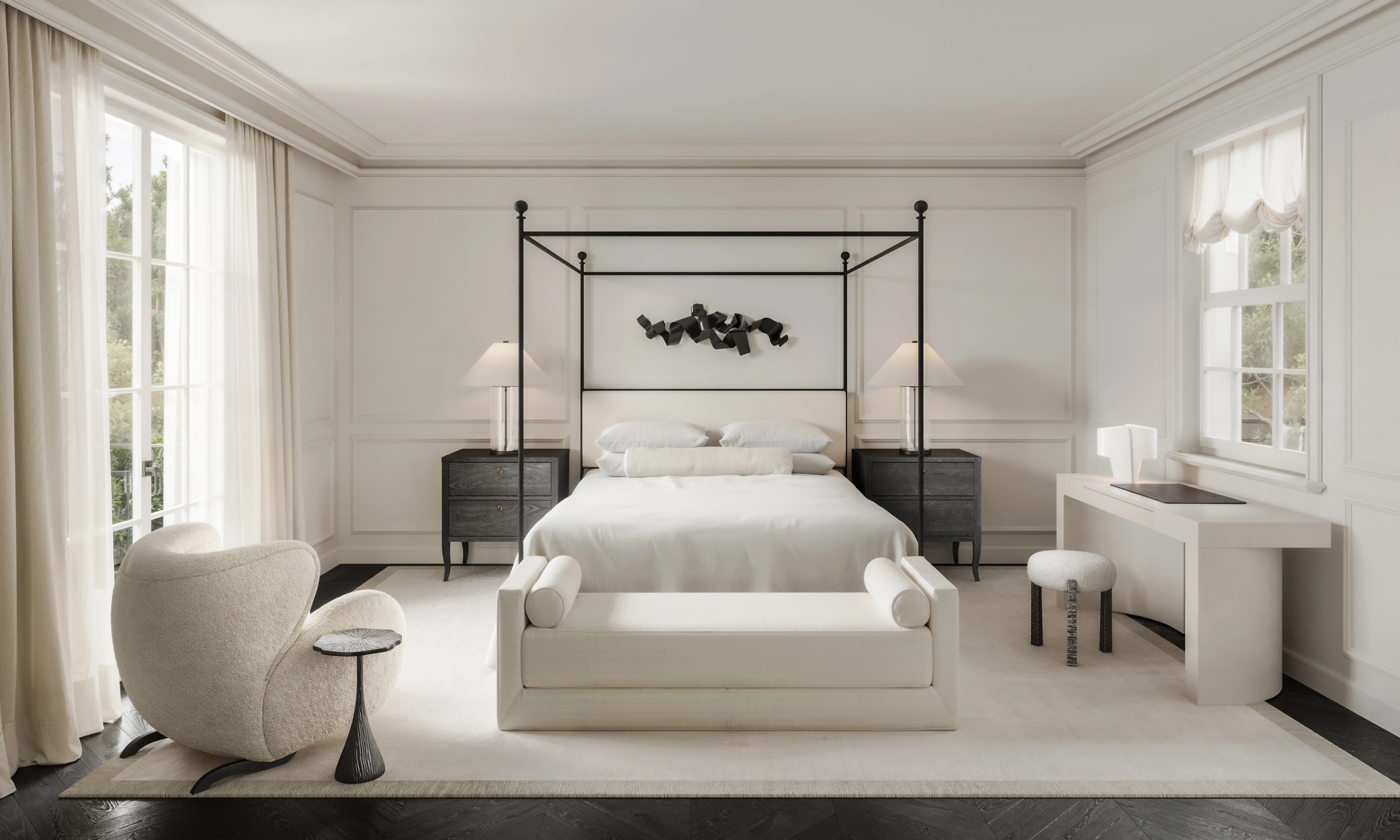 White bedroom in Vaucluse framed by a slim four-poster canopy and abstract charcoal art