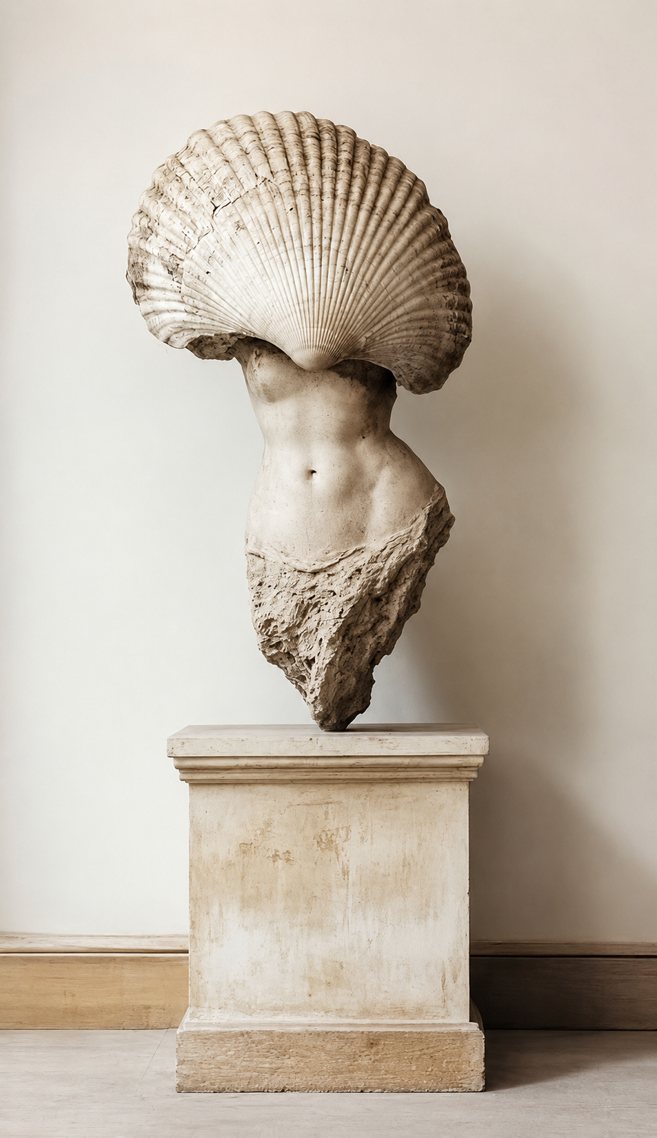 Classical female torso crowned with a scallop shell displayed on a weathered plinth, Bellevue Hill