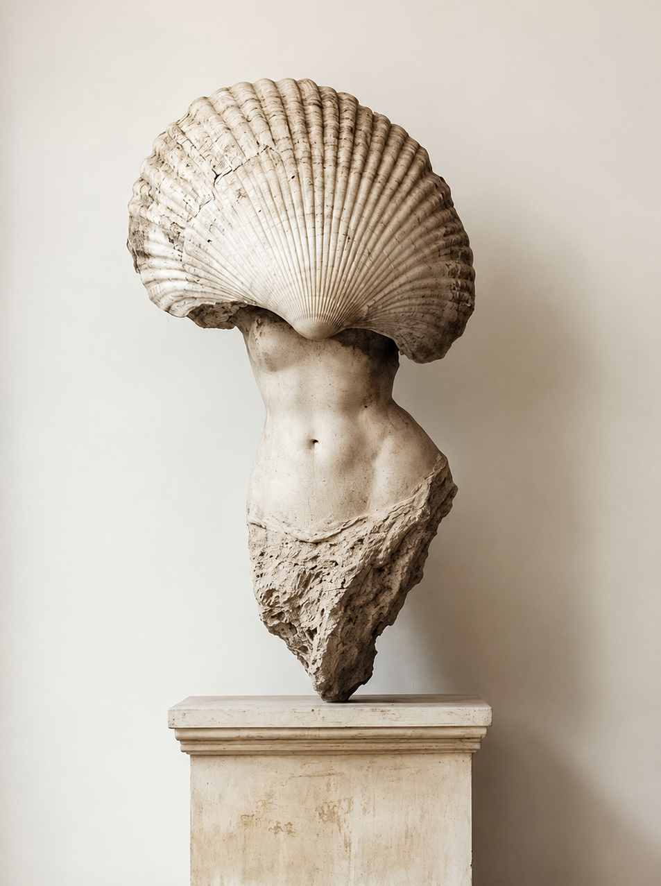 Classical female torso crowned with a scallop shell displayed on a weathered plinth, Bellevue Hill