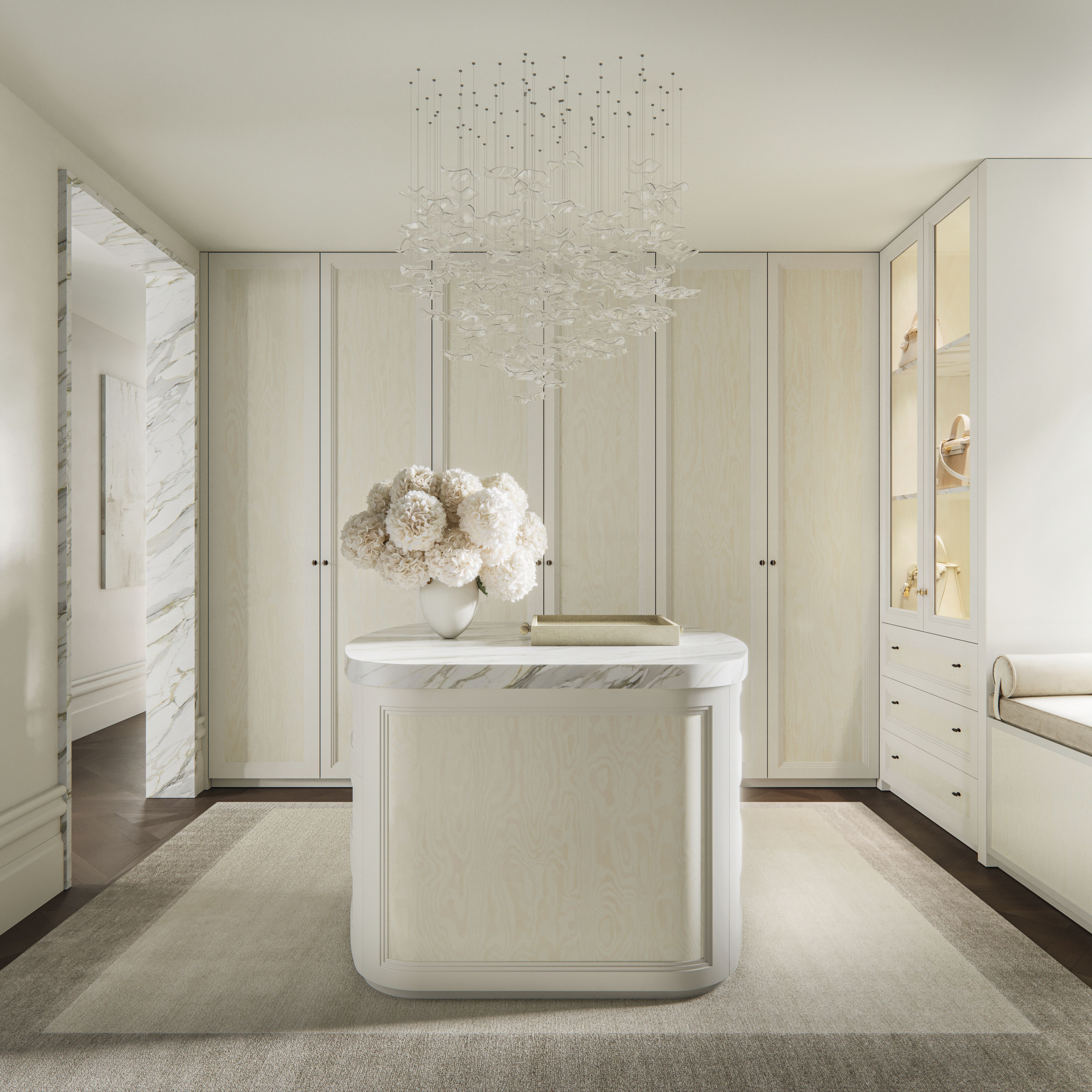 Light-filled Bellevue Hill dressing room with a marble island and bespoke cabinetry