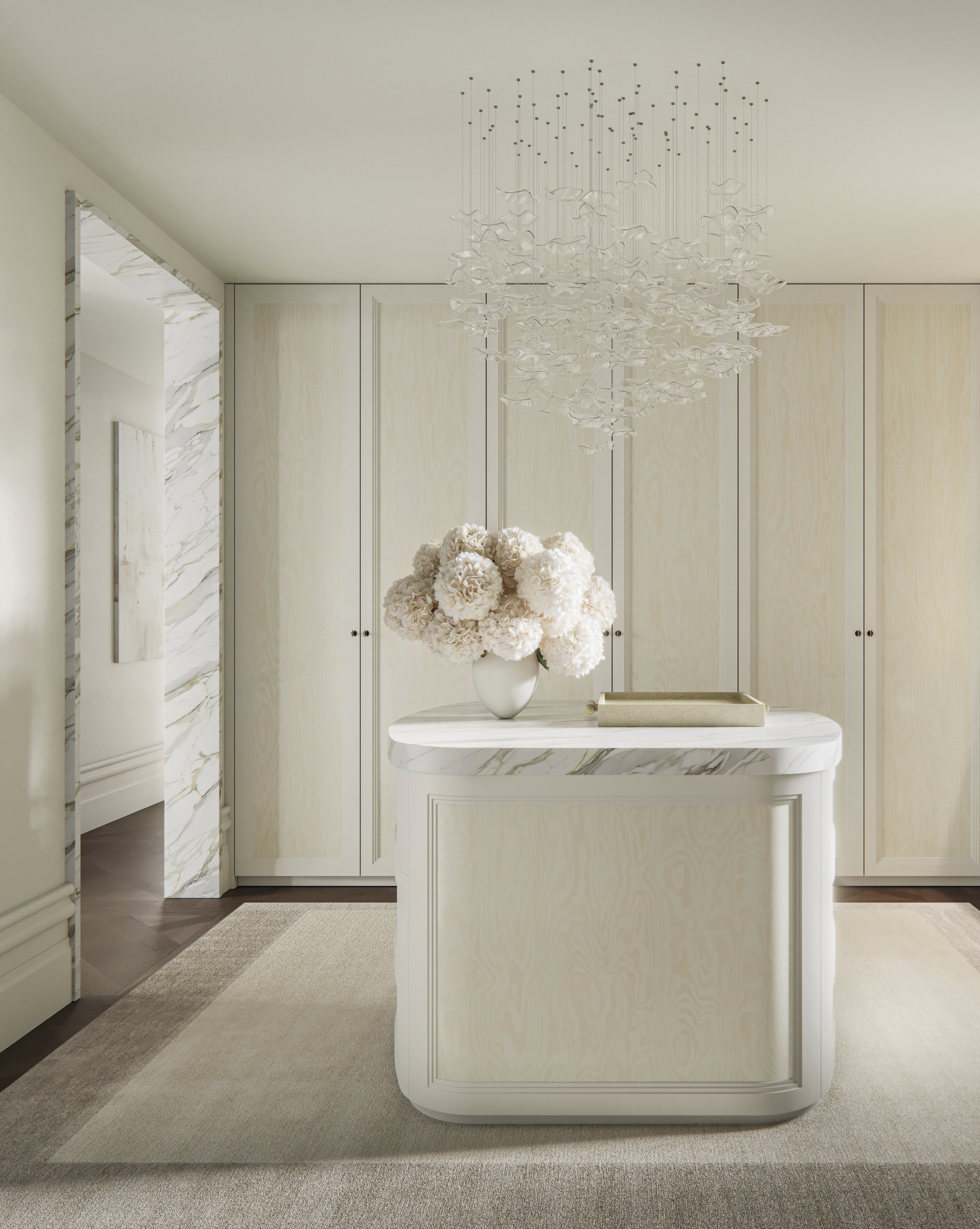 Light-filled Bellevue Hill dressing room with a marble island and bespoke cabinetry