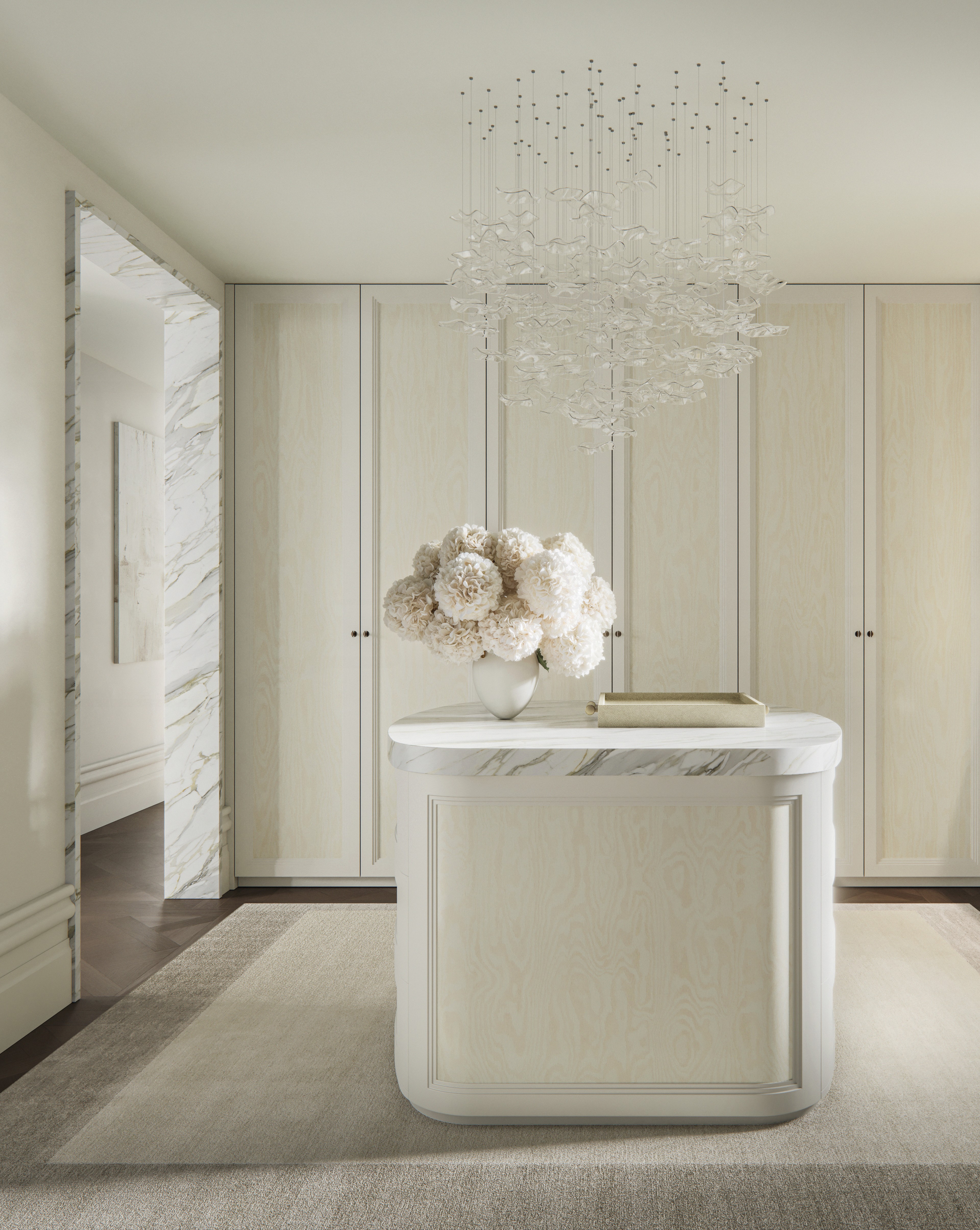 Light-filled Bellevue Hill dressing room with a marble island and bespoke cabinetry