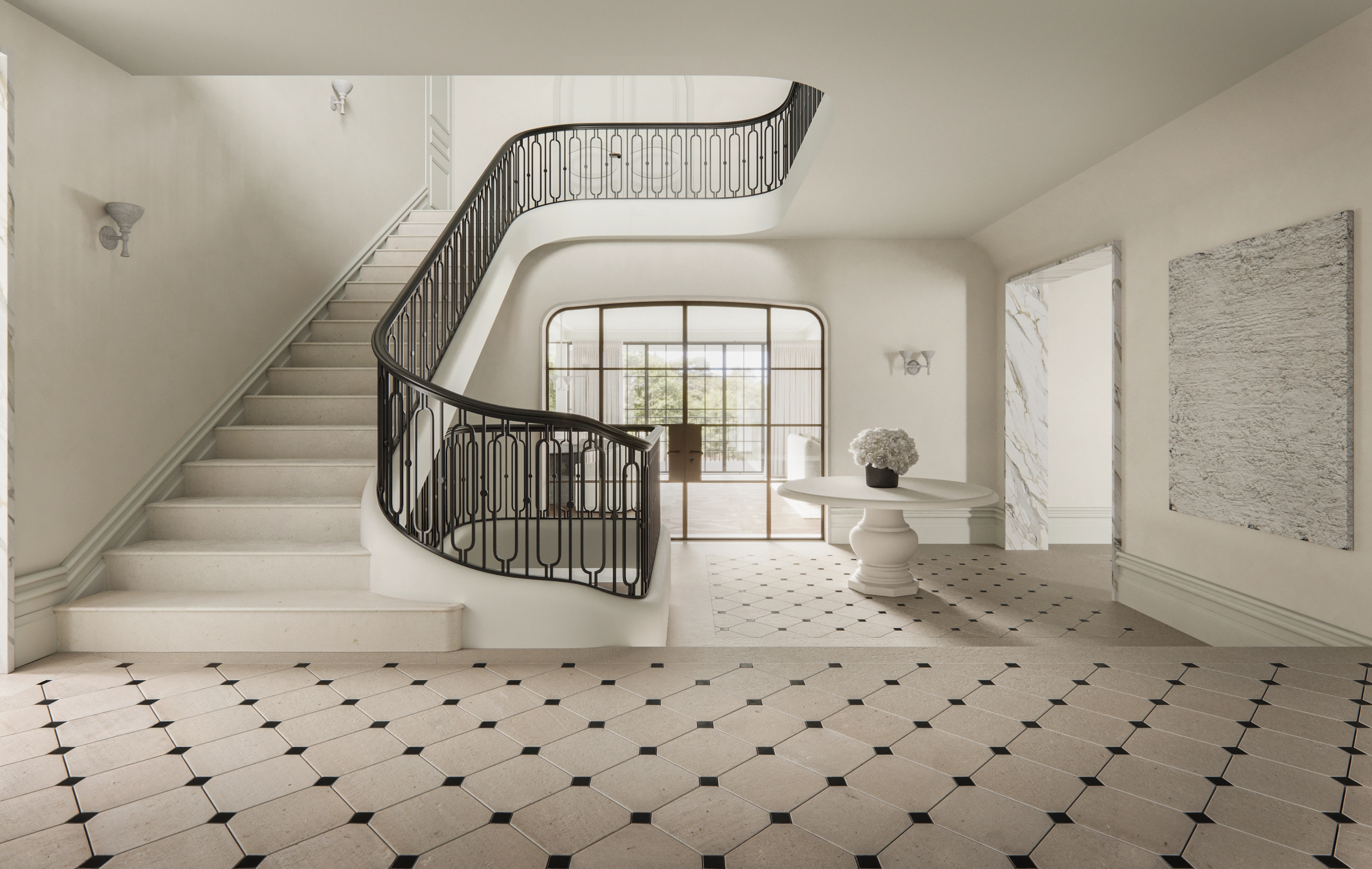 Sweeping curved staircase with wrought-iron balustrade rising from a patterned marble floor