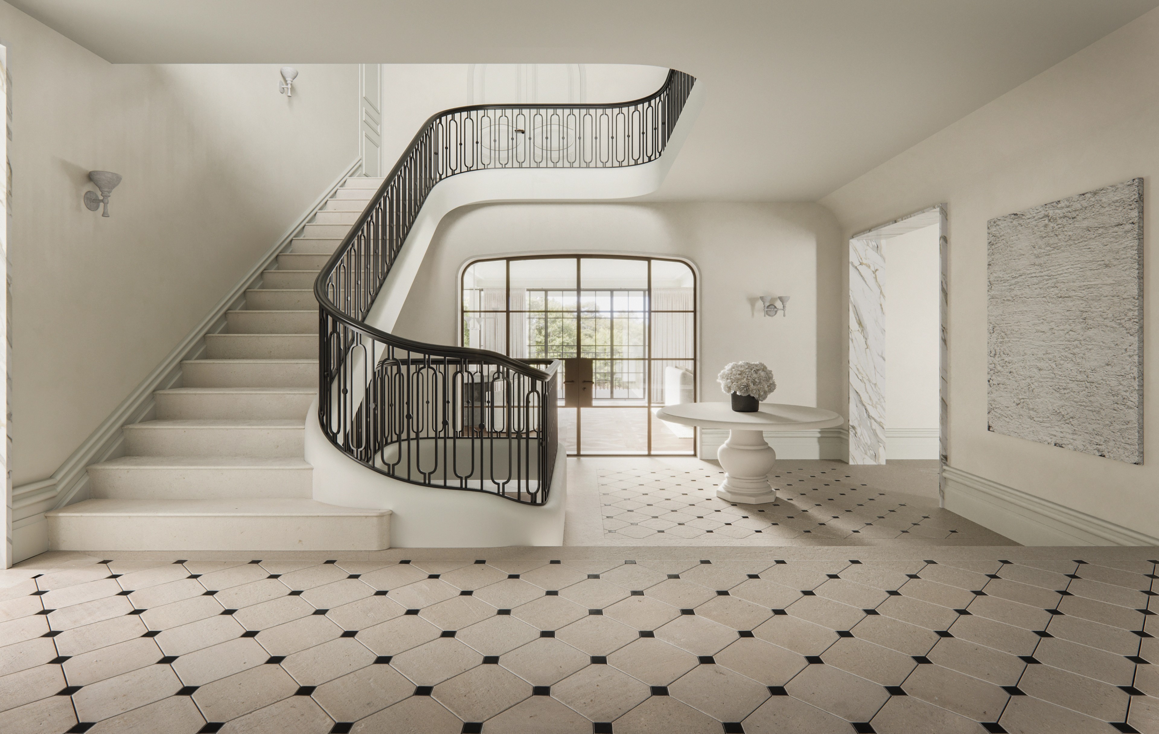 Sweeping curved staircase with wrought-iron balustrade rising from a patterned marble floor