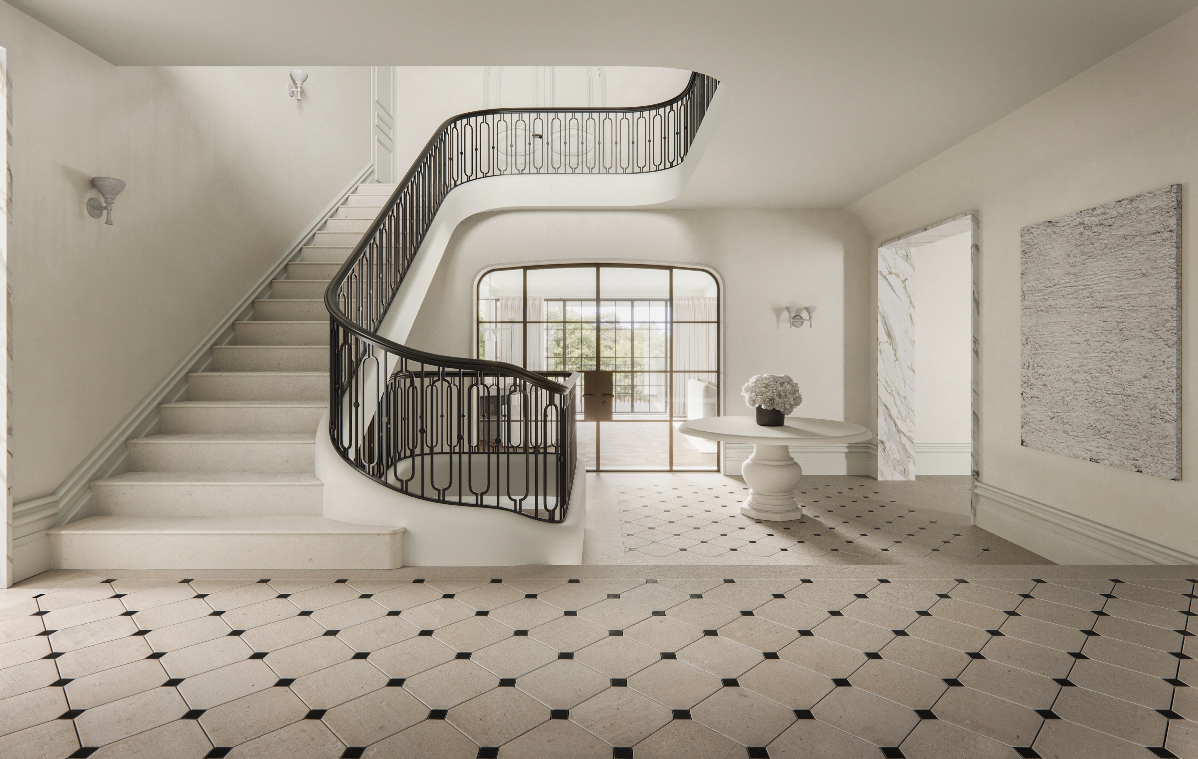 Sweeping curved staircase with wrought-iron balustrade rising from a patterned marble floor