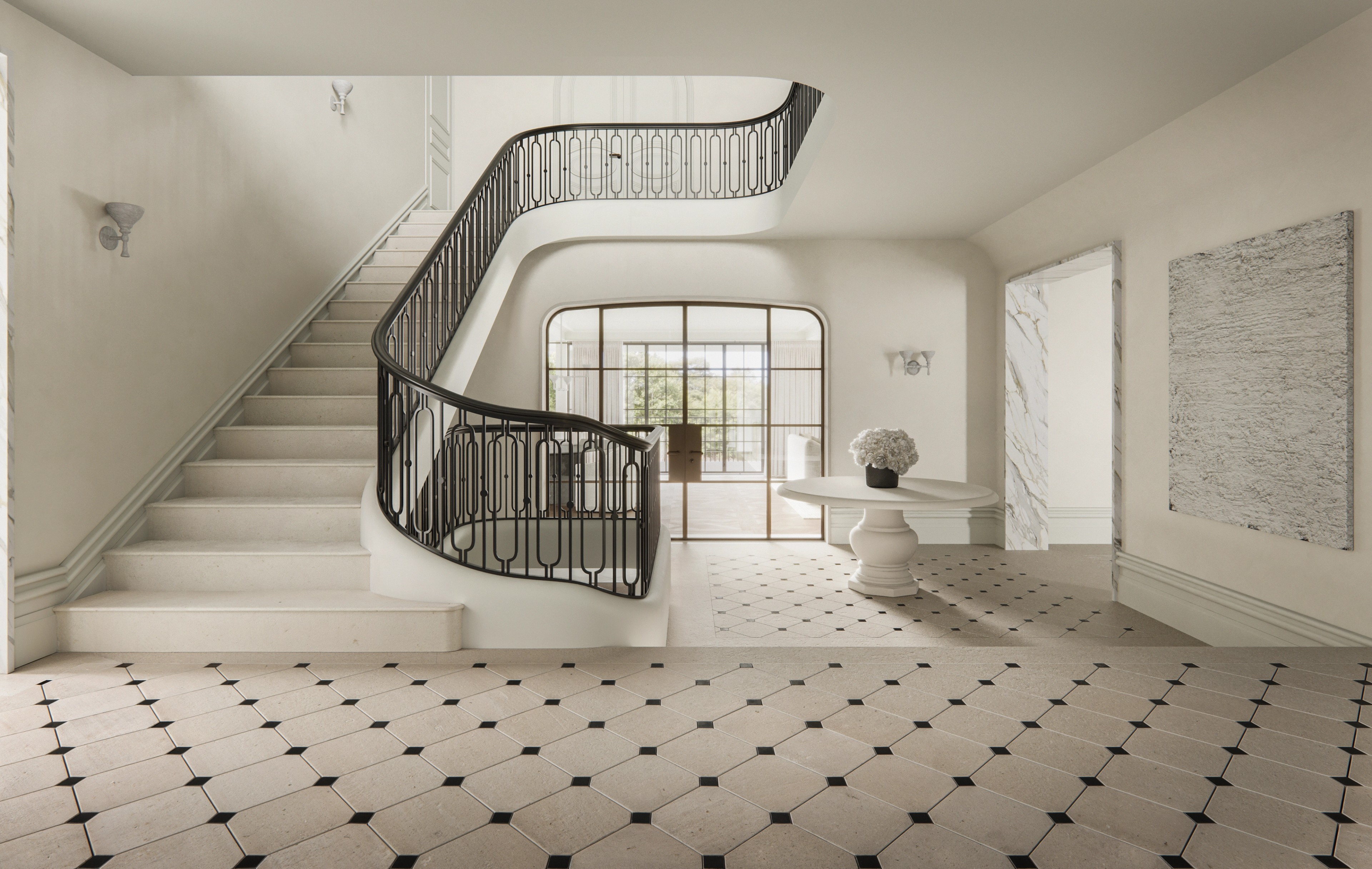 Sweeping curved staircase with wrought-iron balustrade rising from a patterned marble floor