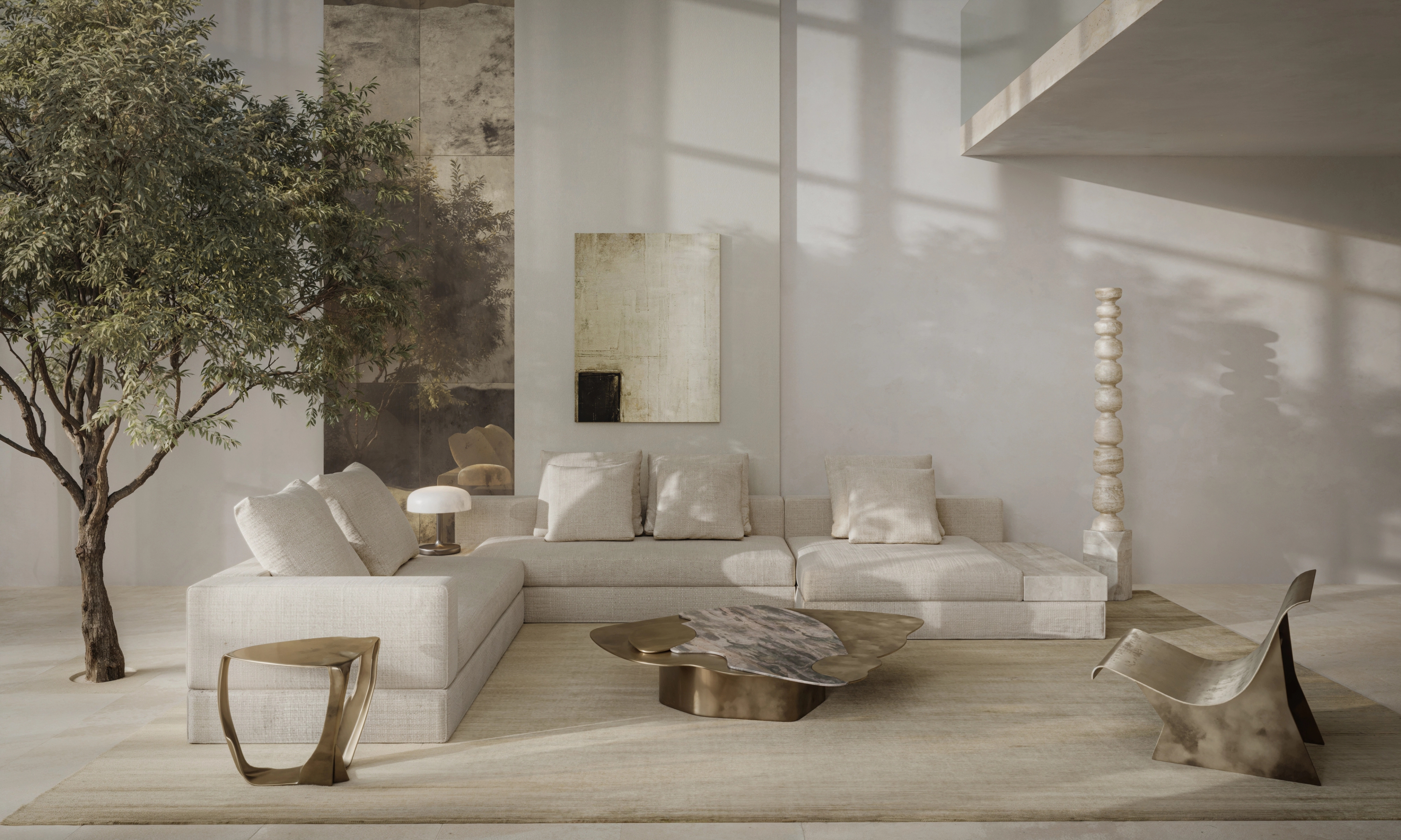Sunlit living room with sculptural bronze table and indoor olive tree, Barangaroo residence