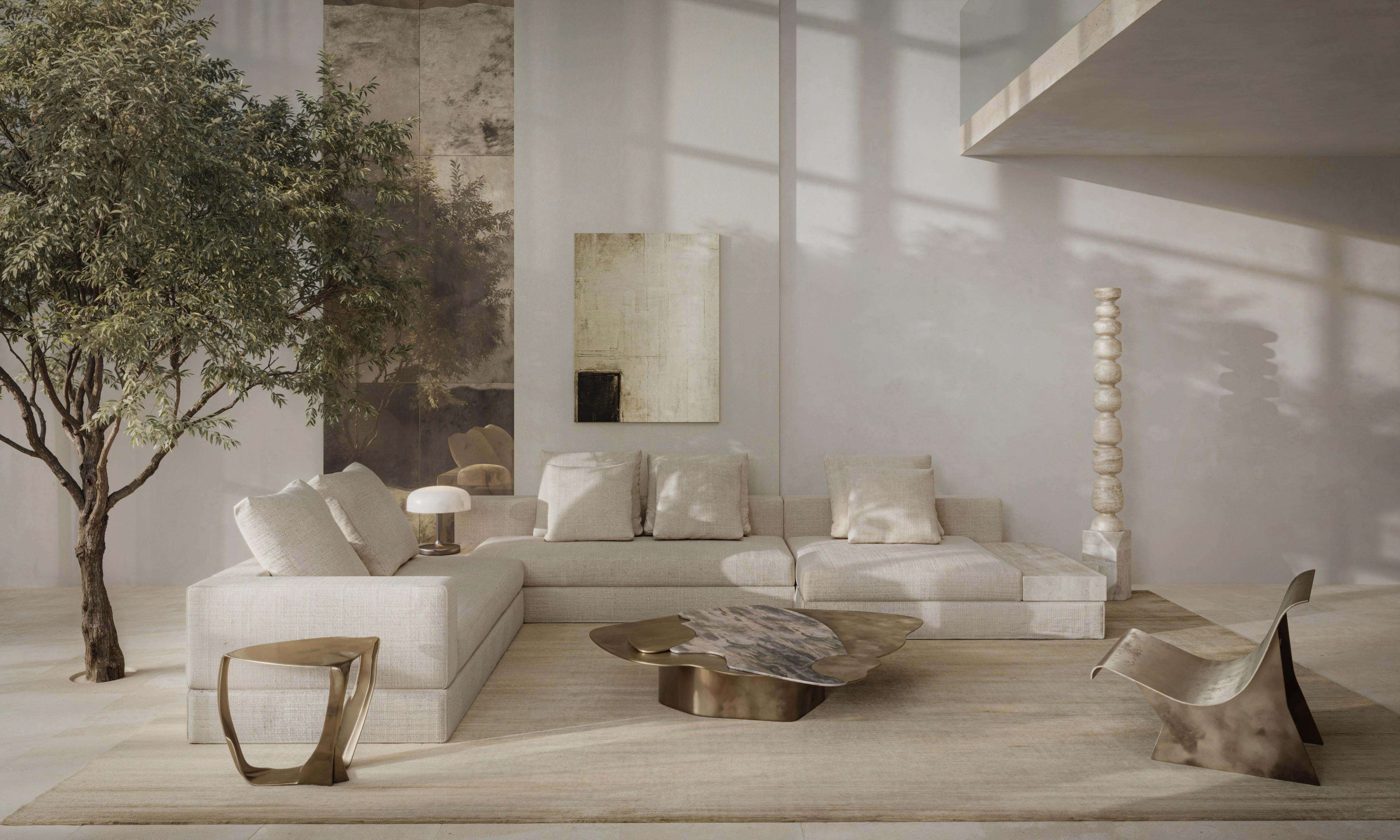 Sunlit living room with sculptural bronze table and indoor olive tree, Barangaroo residence