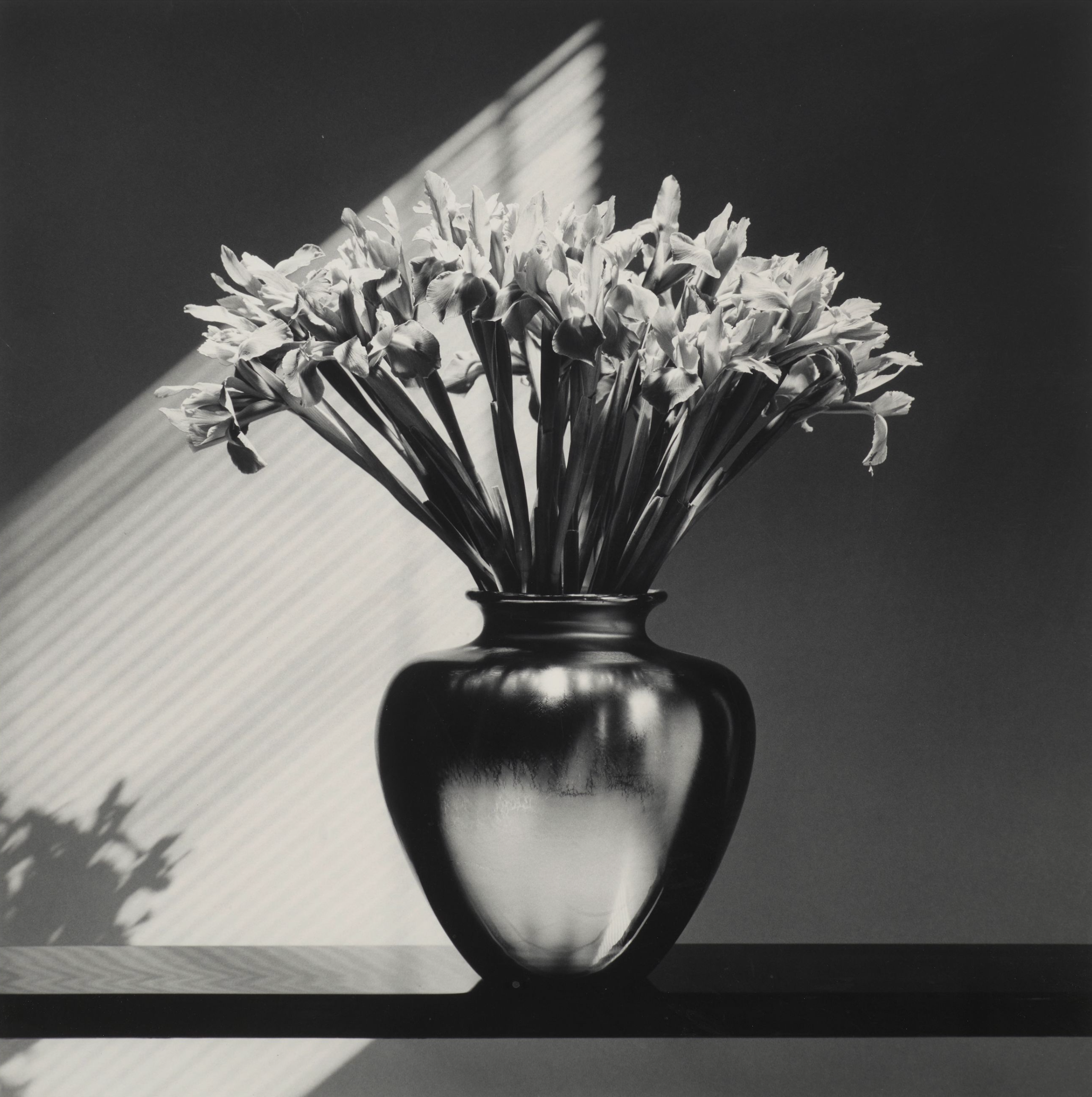 Black-and-white still life of blooms in a bulbous pewter vase under raking light
