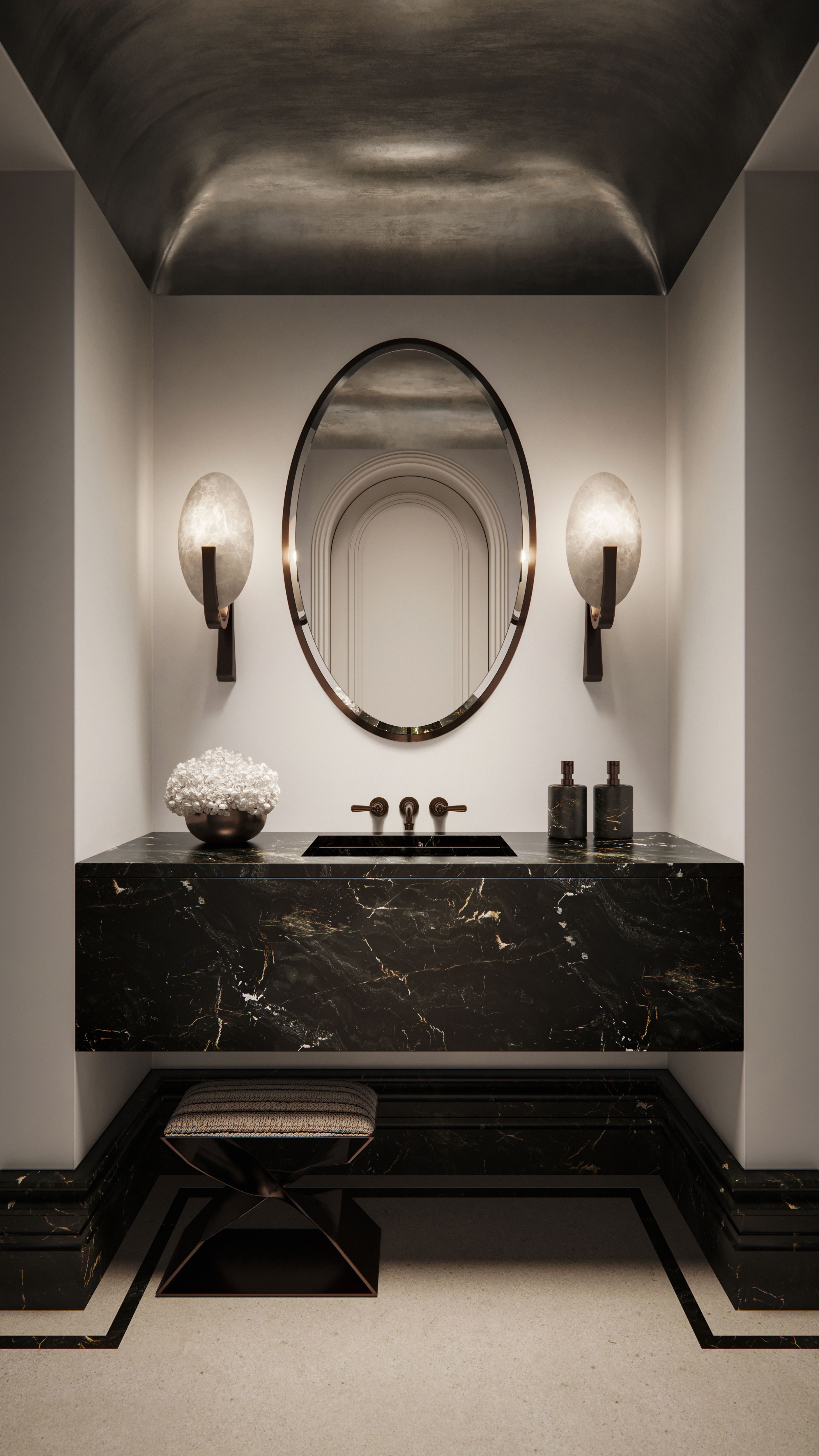 Powder room with black marble vanity and sculpted oval mirror, Bellevue Hill