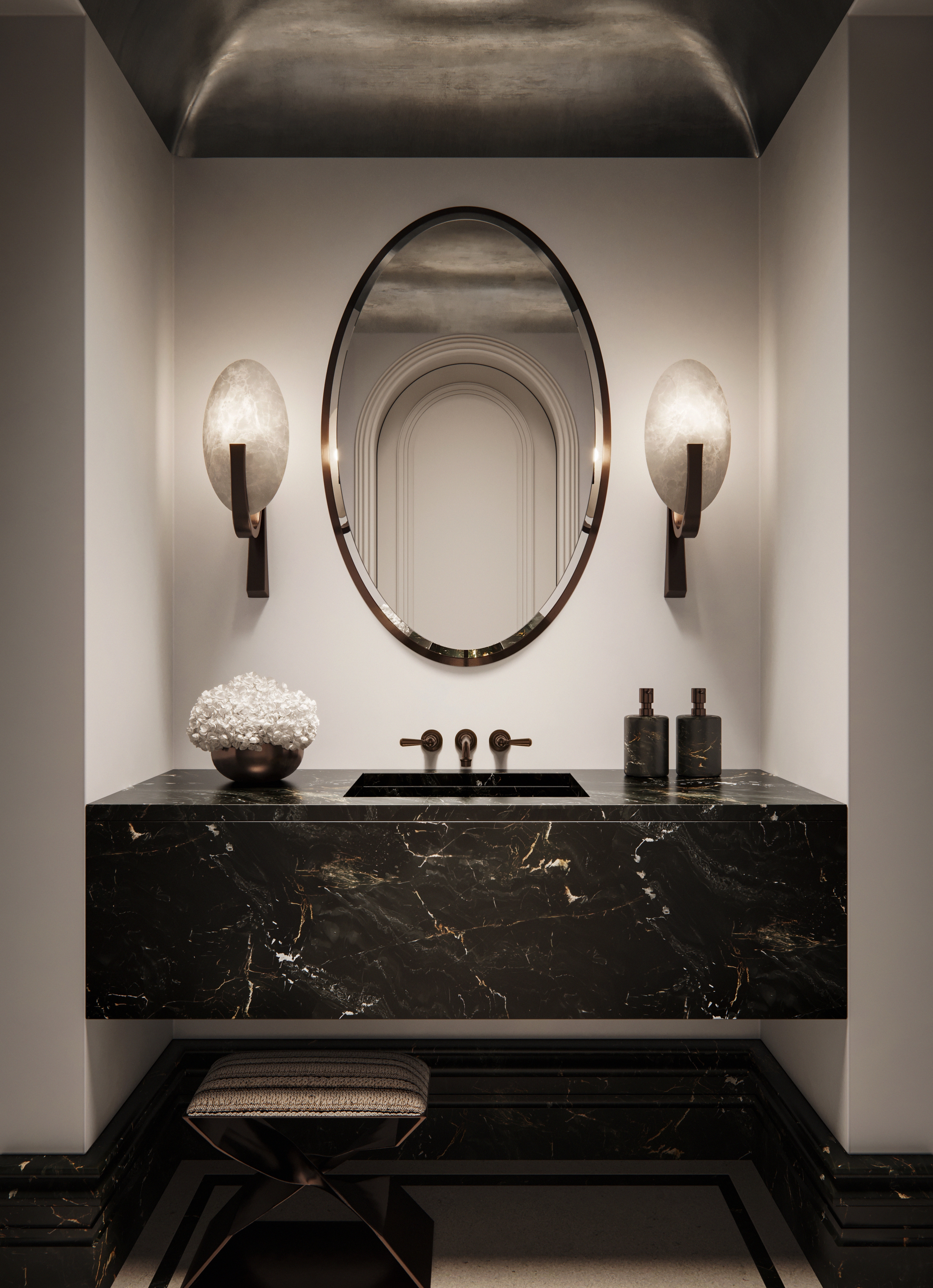 Bellevue Hill powder room with a vaulted ceiling, oval mirror and black marble floating vanity