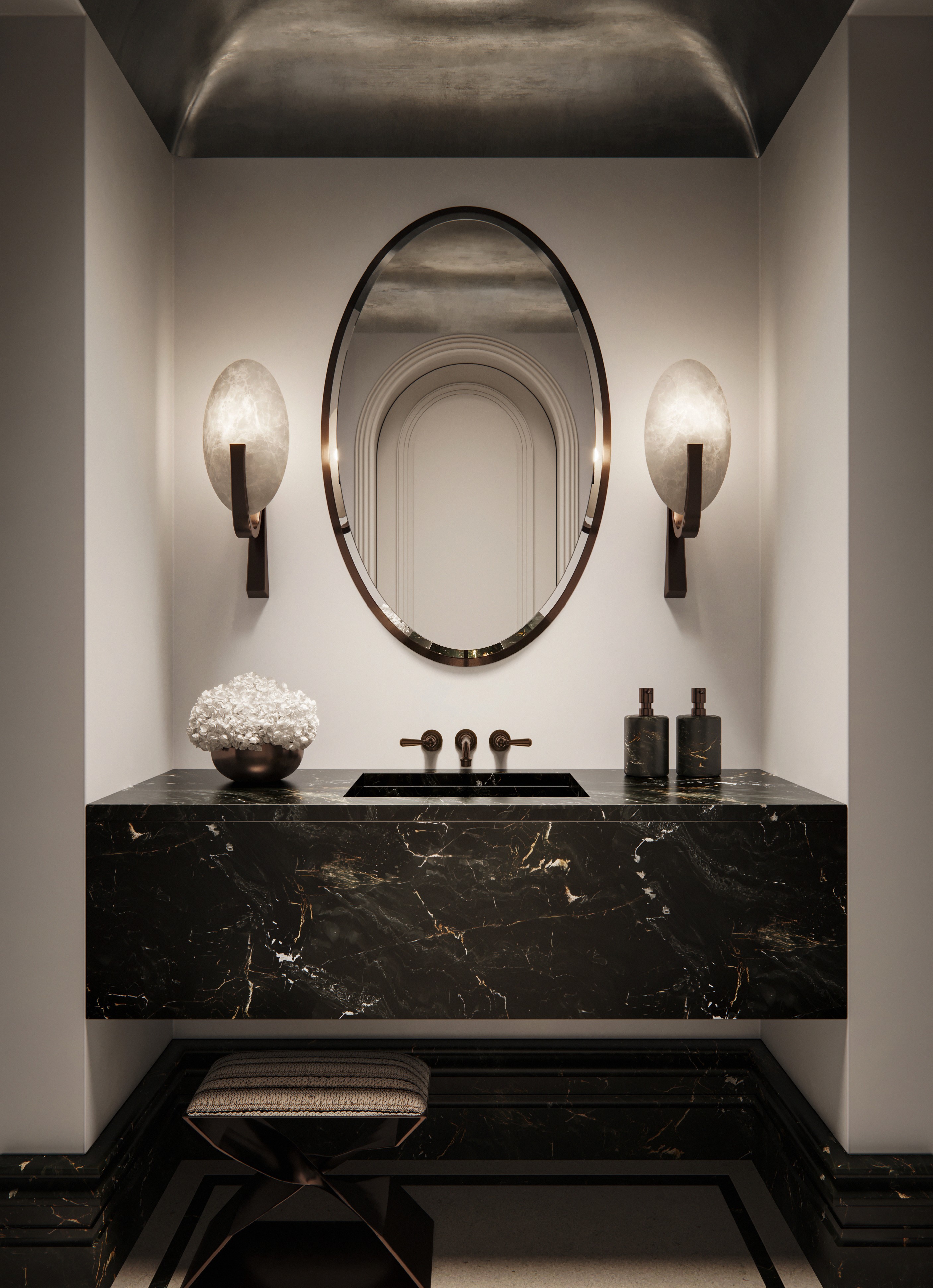 Bellevue Hill powder room with a vaulted ceiling, oval mirror and black marble floating vanity