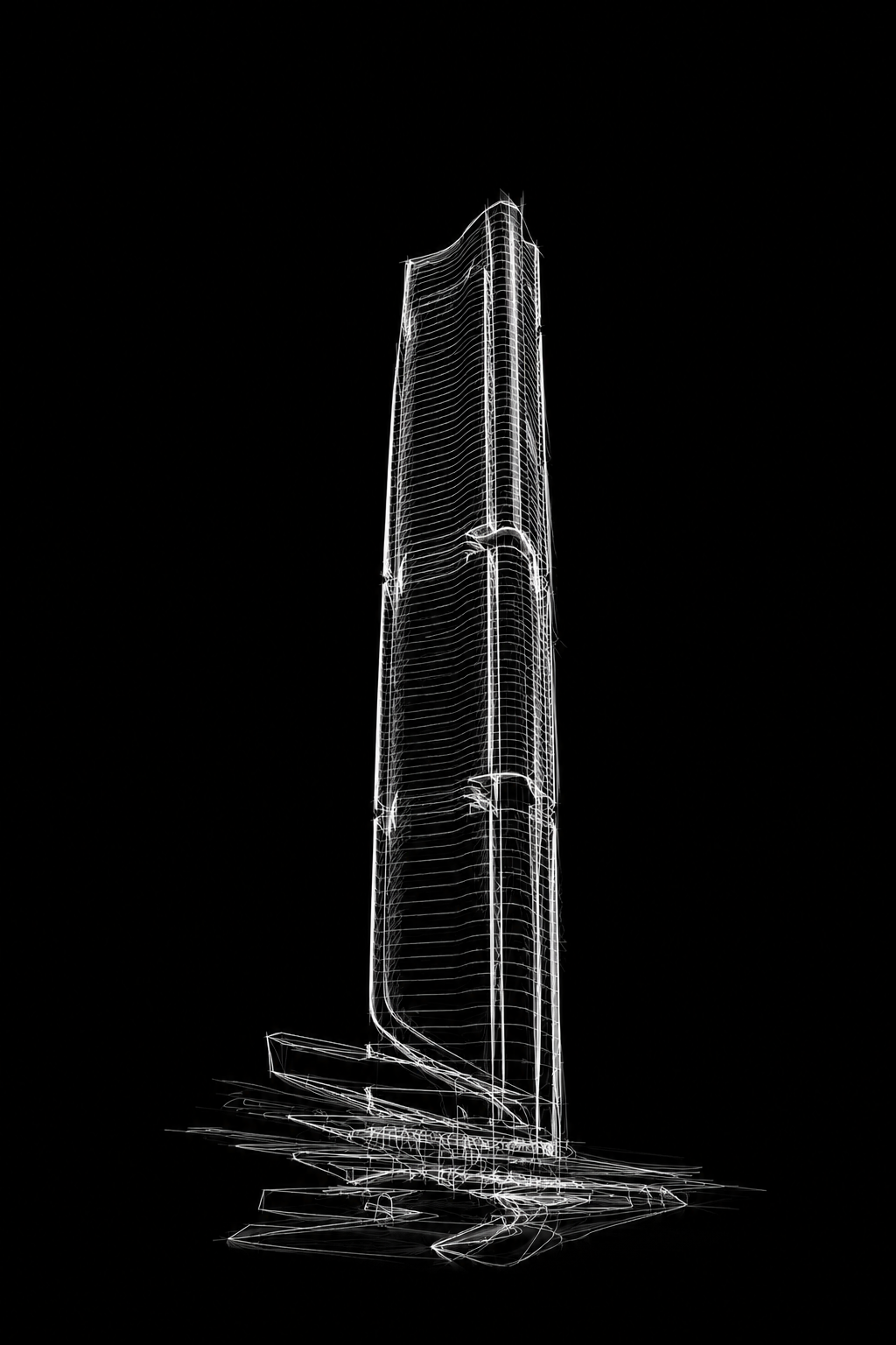 Fine white line rendering of a slender tower against black, an architectural concept sketch