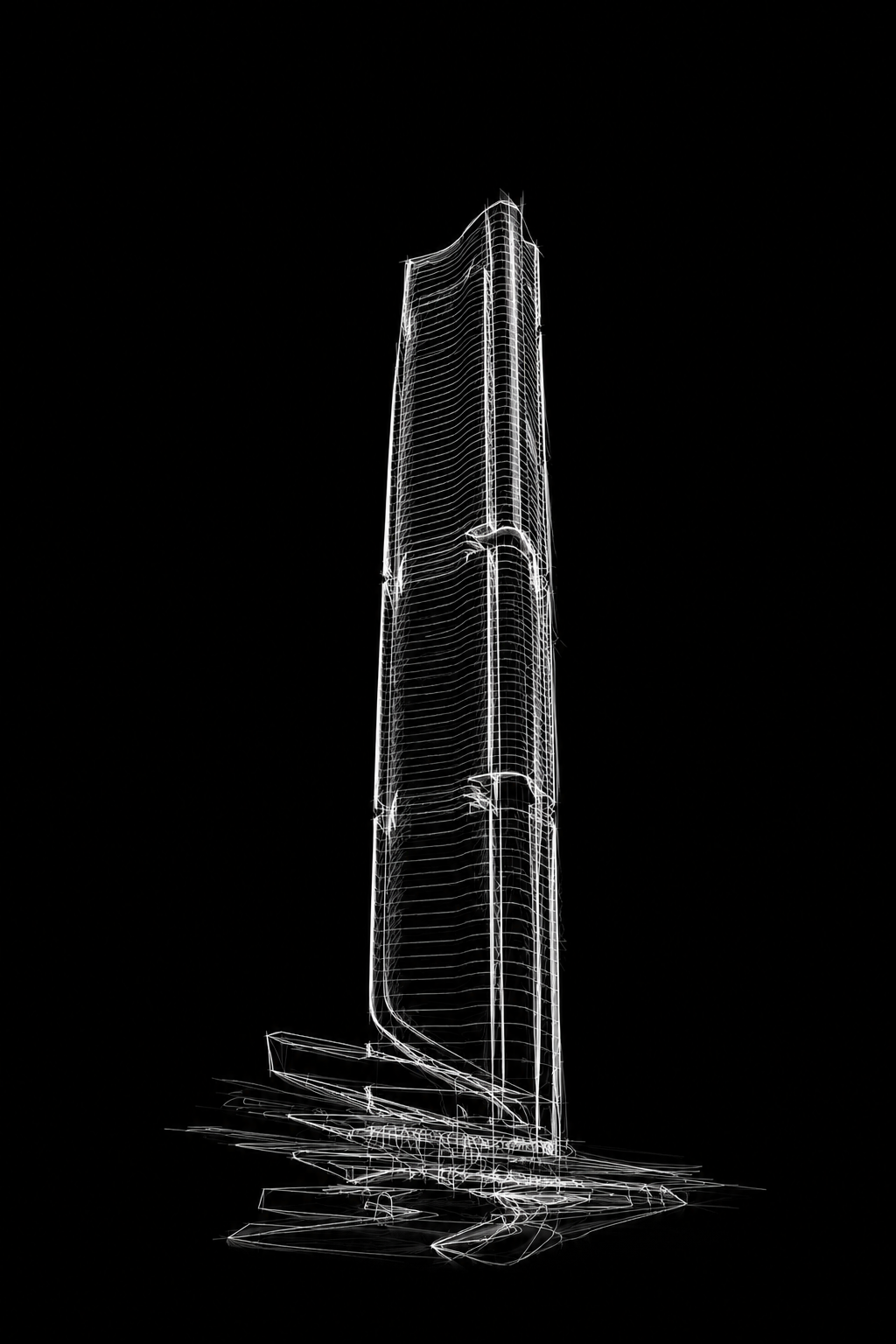 Fine white line rendering of a slender tower against black, an architectural concept sketch