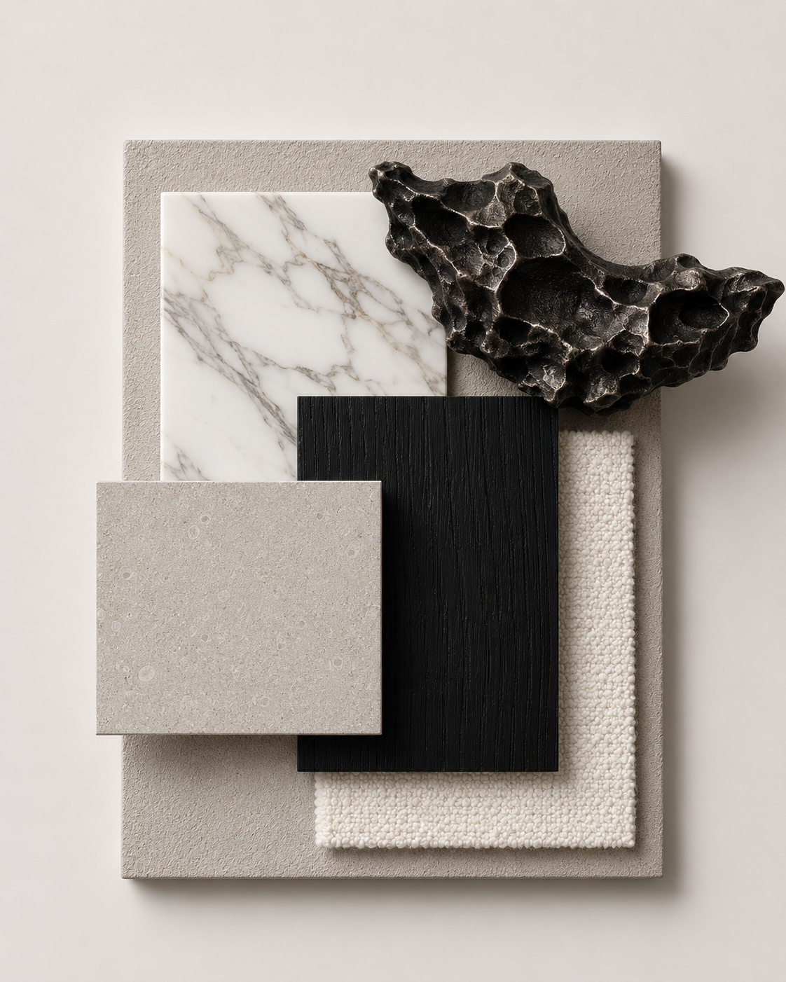 Materials board layering marble, blackened timber and a dark stone offcut for Palm Beach