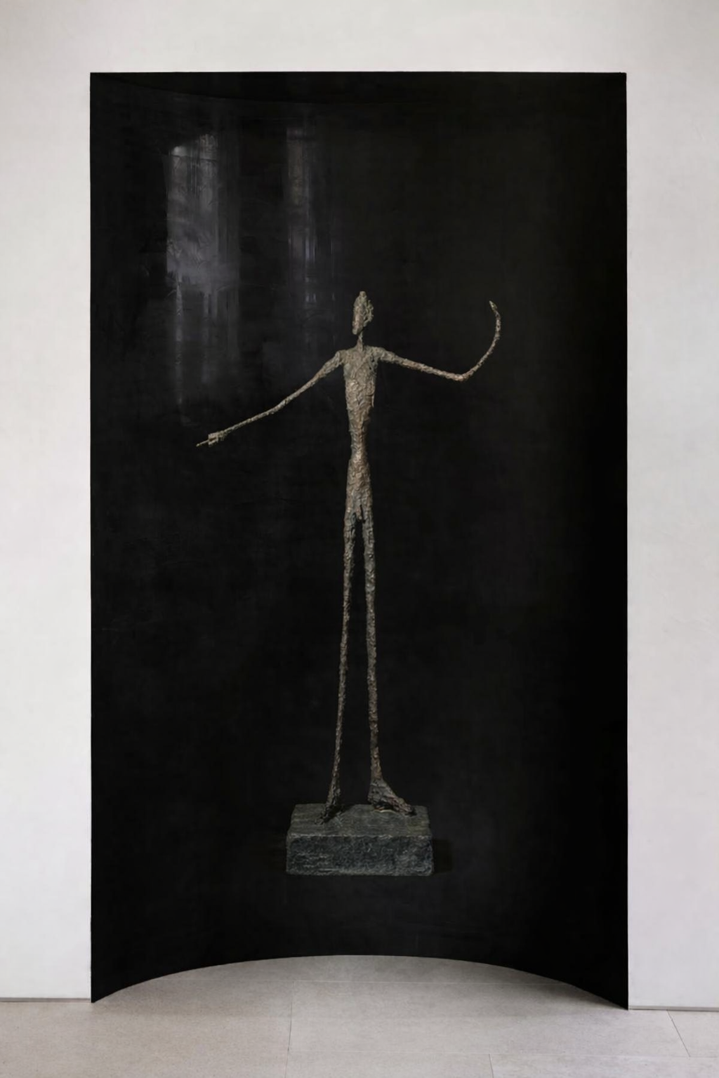 Large canvas of an elongated figure commanding a curved gallery wall