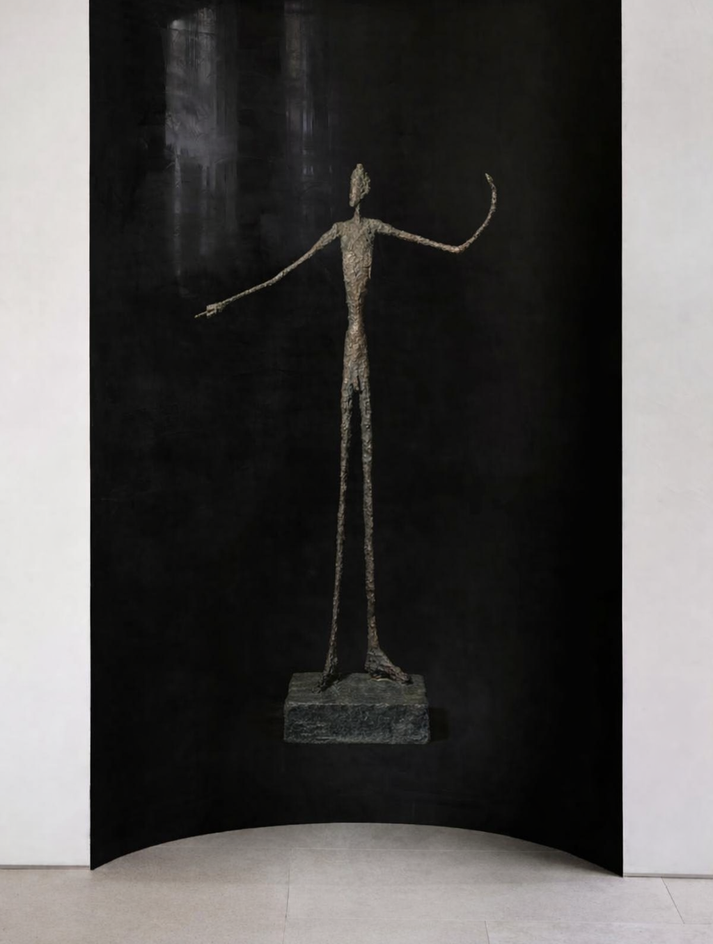 Large canvas of an elongated figure commanding a curved gallery wall