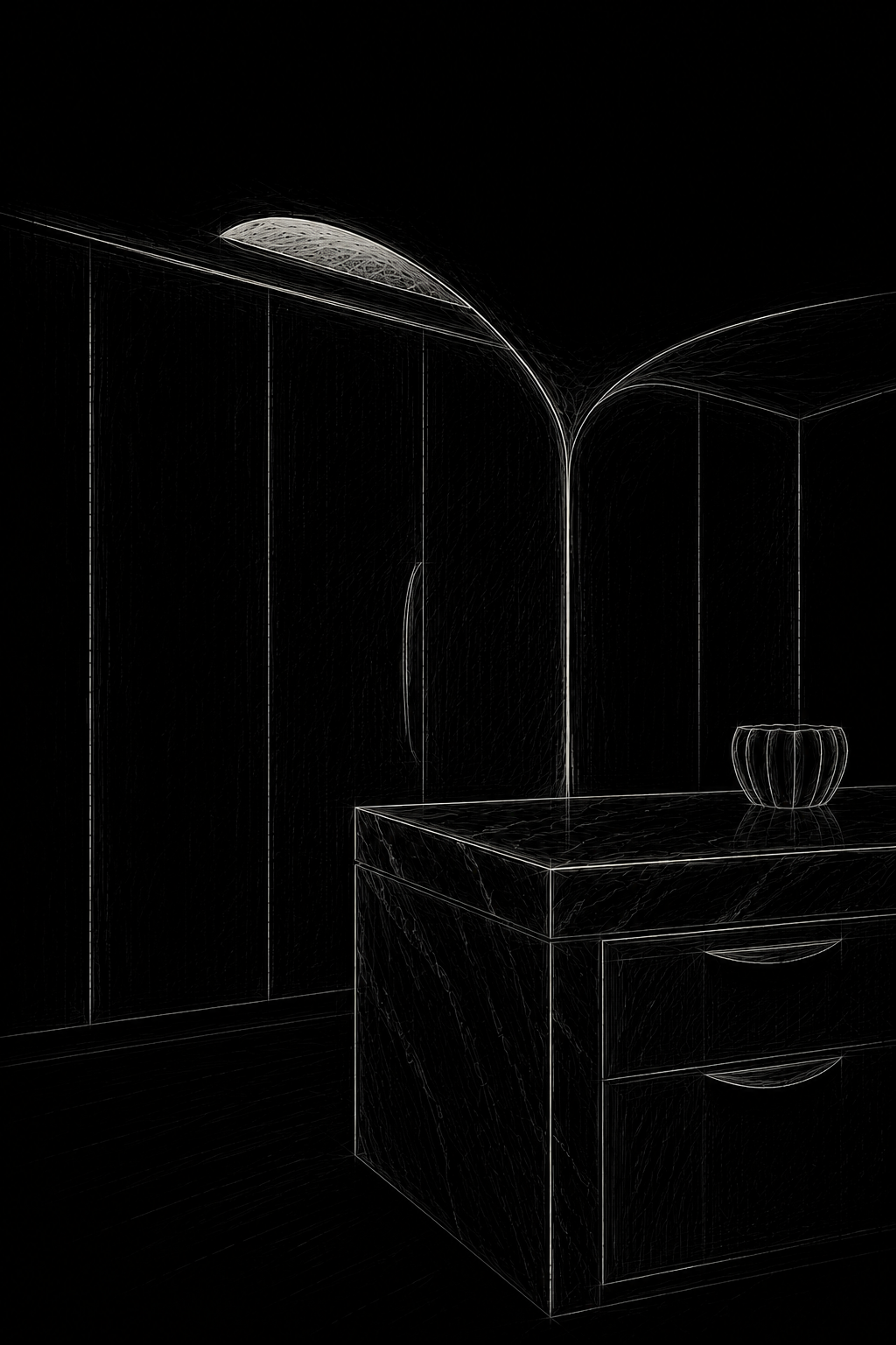 Fine white line drawing of a kitchen island sketched on black