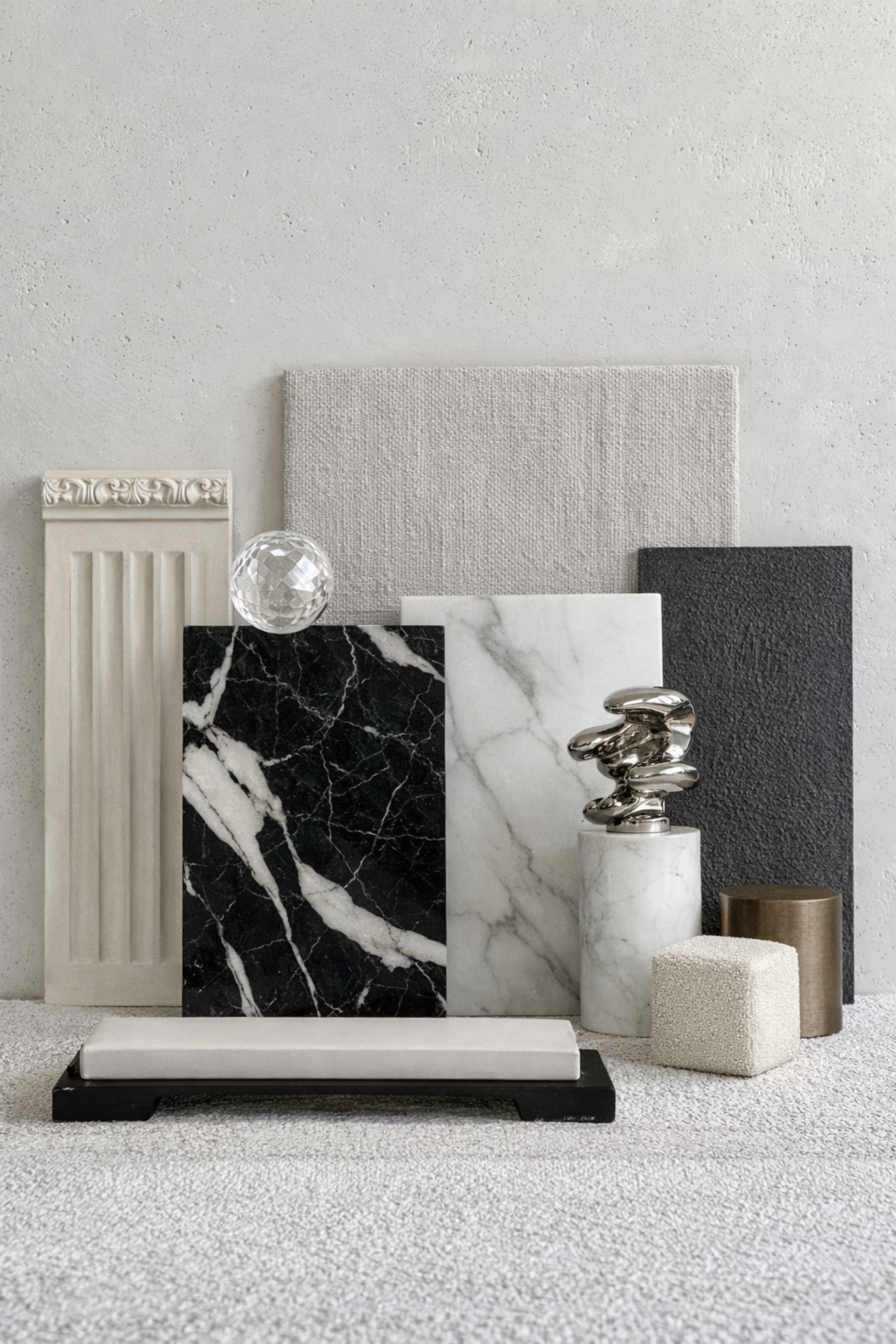 Flat-lay of stone and marble finish samples with brass, travertine and a coiled chrome accent