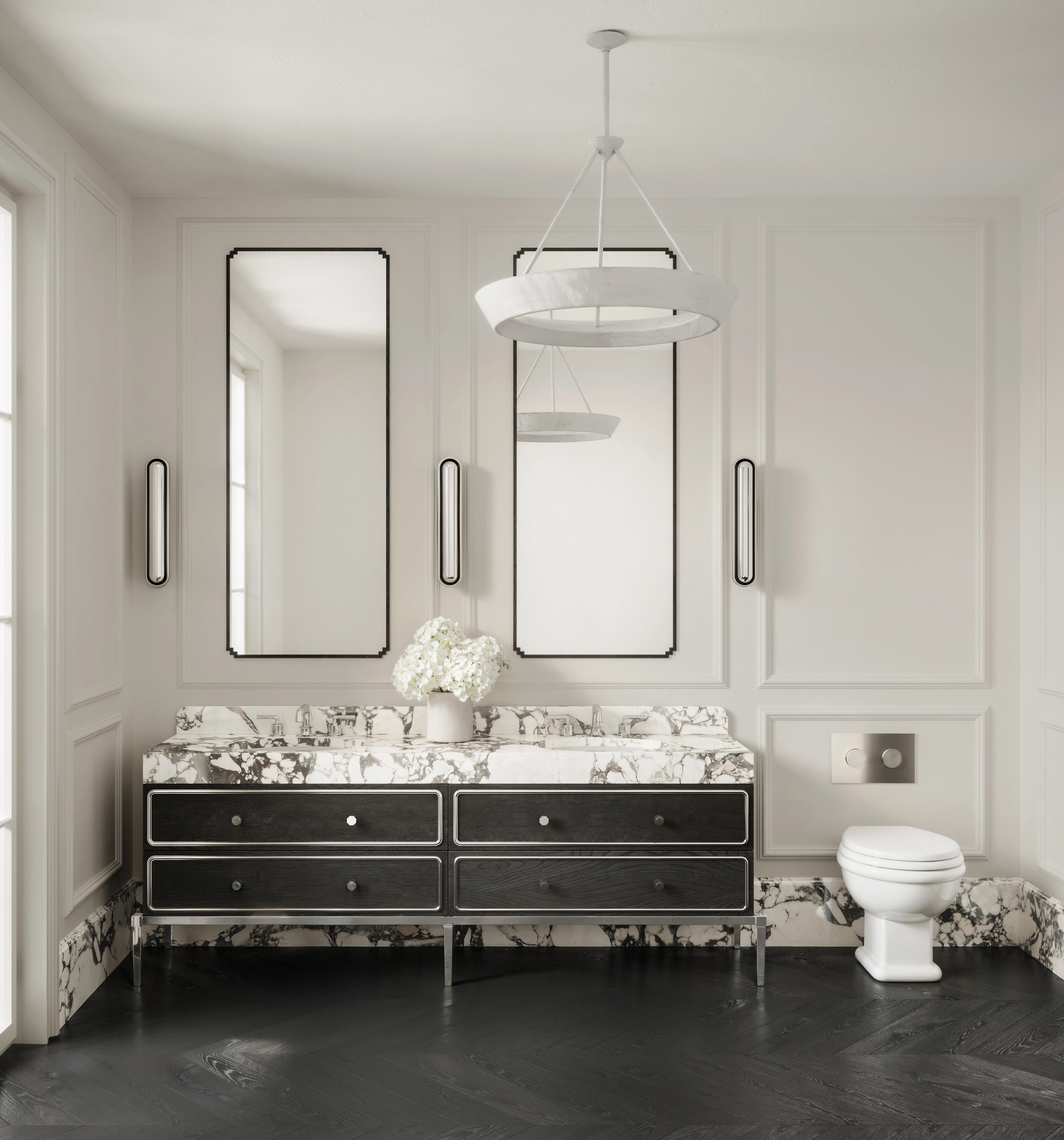 Elegant Vaucluse bathroom with twin mirrors, a veined marble vanity and dark inset drawers