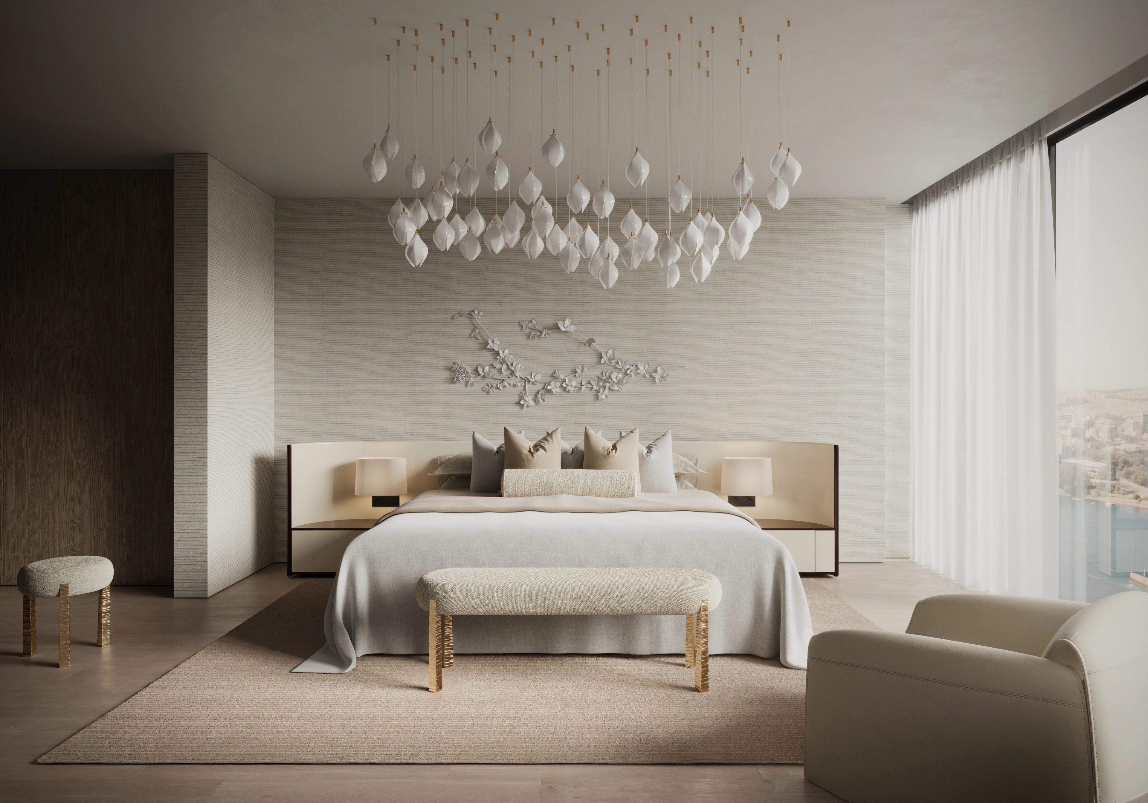 Bedroom crowned by a cascading porcelain-petal mobile above an upholstered bed, Circular Quay