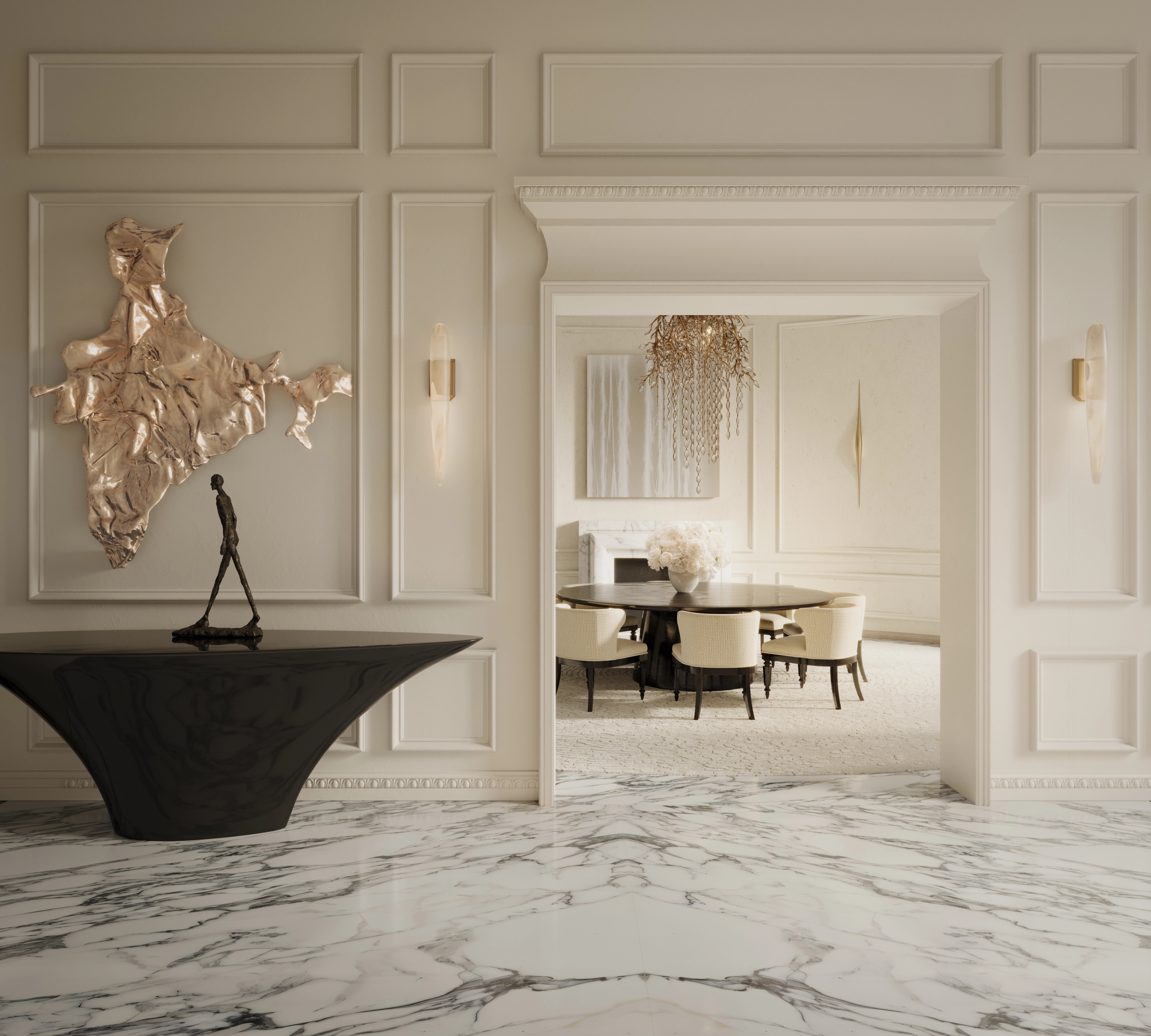 Jack Freeman-designed Mayfair reception with ornate panelling and a gilded sculpture on a console