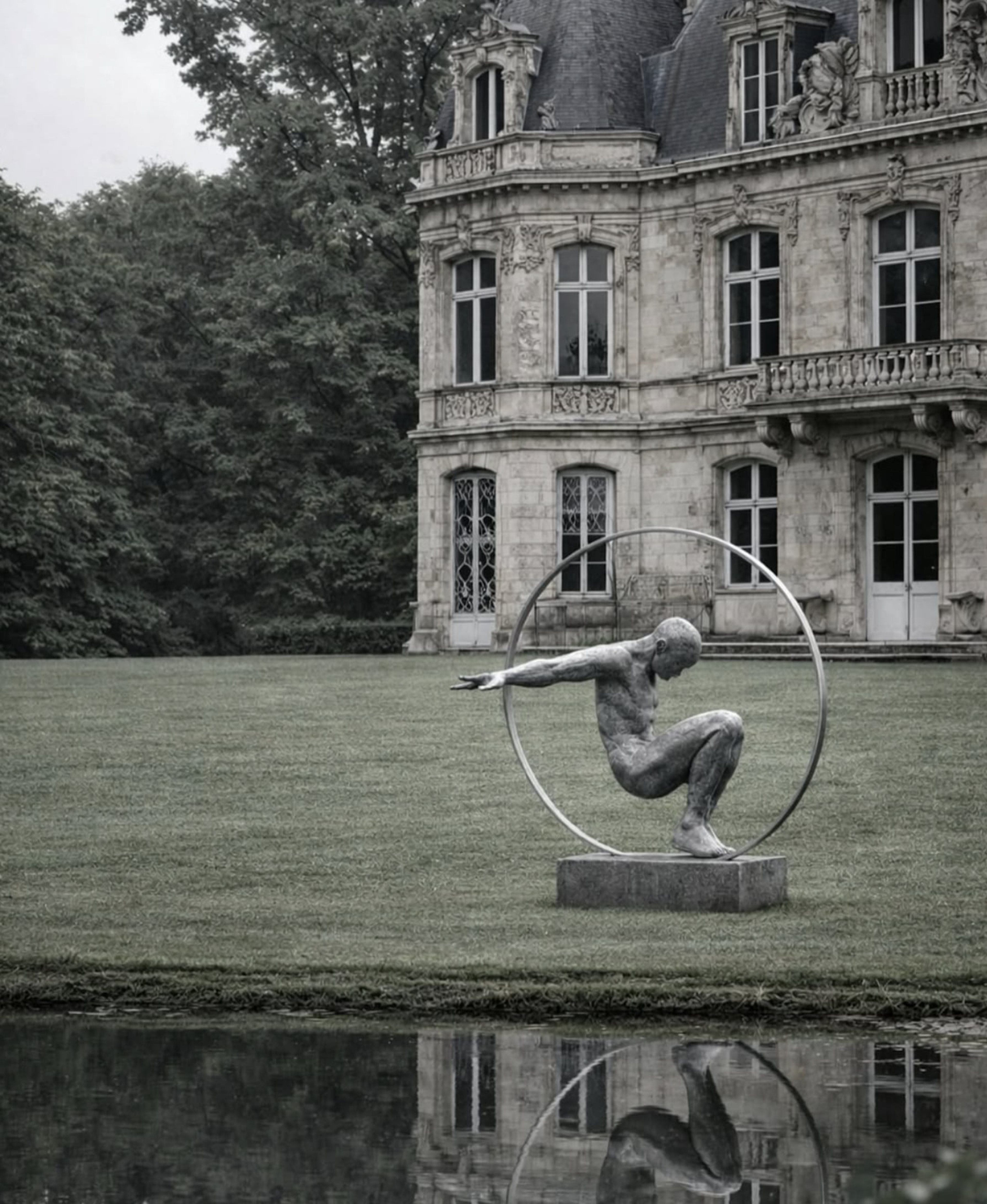 Figure-in-ring sculpture mirrored in a still pond before a symmetrical French château
