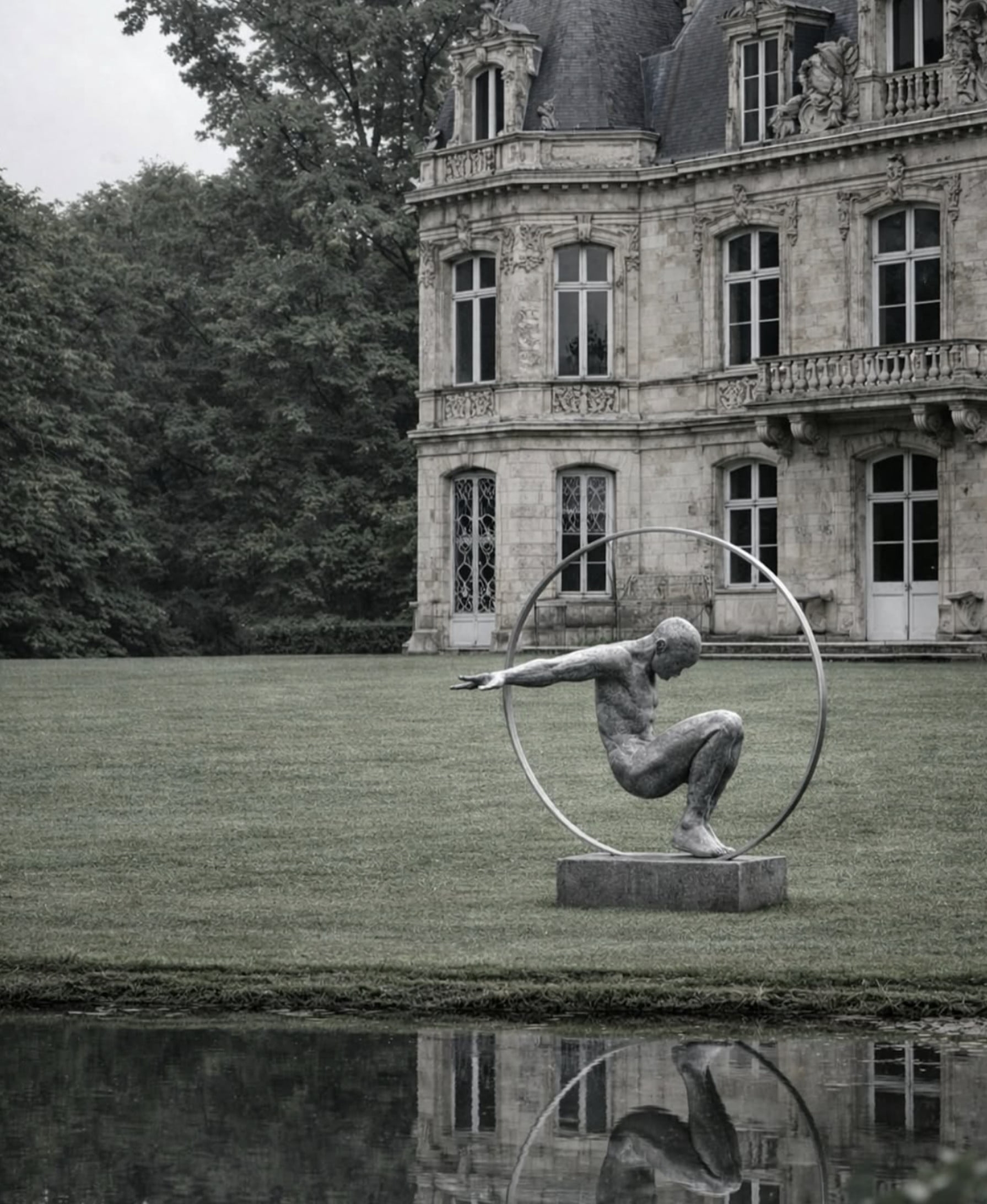 Figure-in-ring sculpture mirrored in a still pond before a symmetrical French château