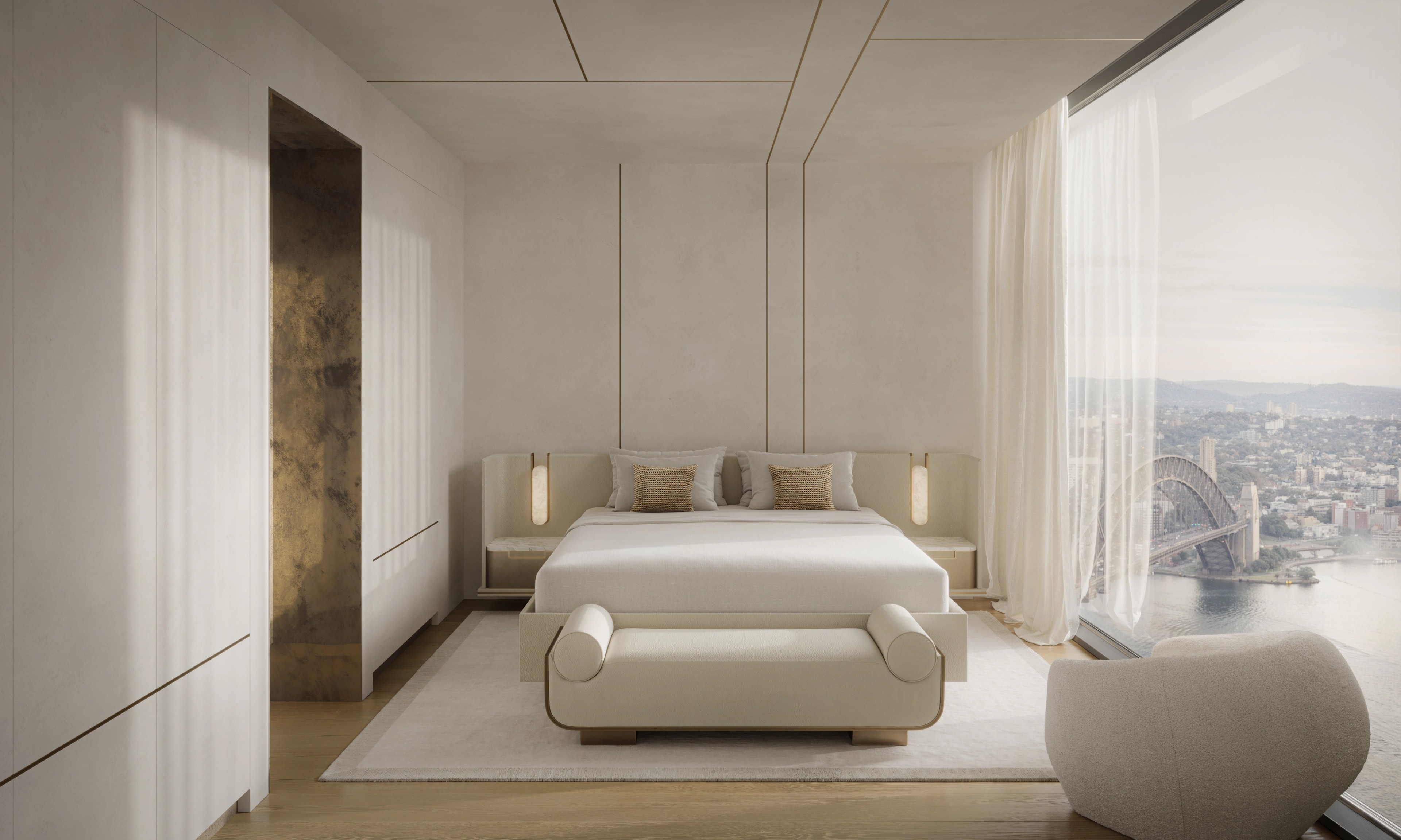 Bedroom opening to a city skyline with a curved lounge and stone feature wall, Barangaroo