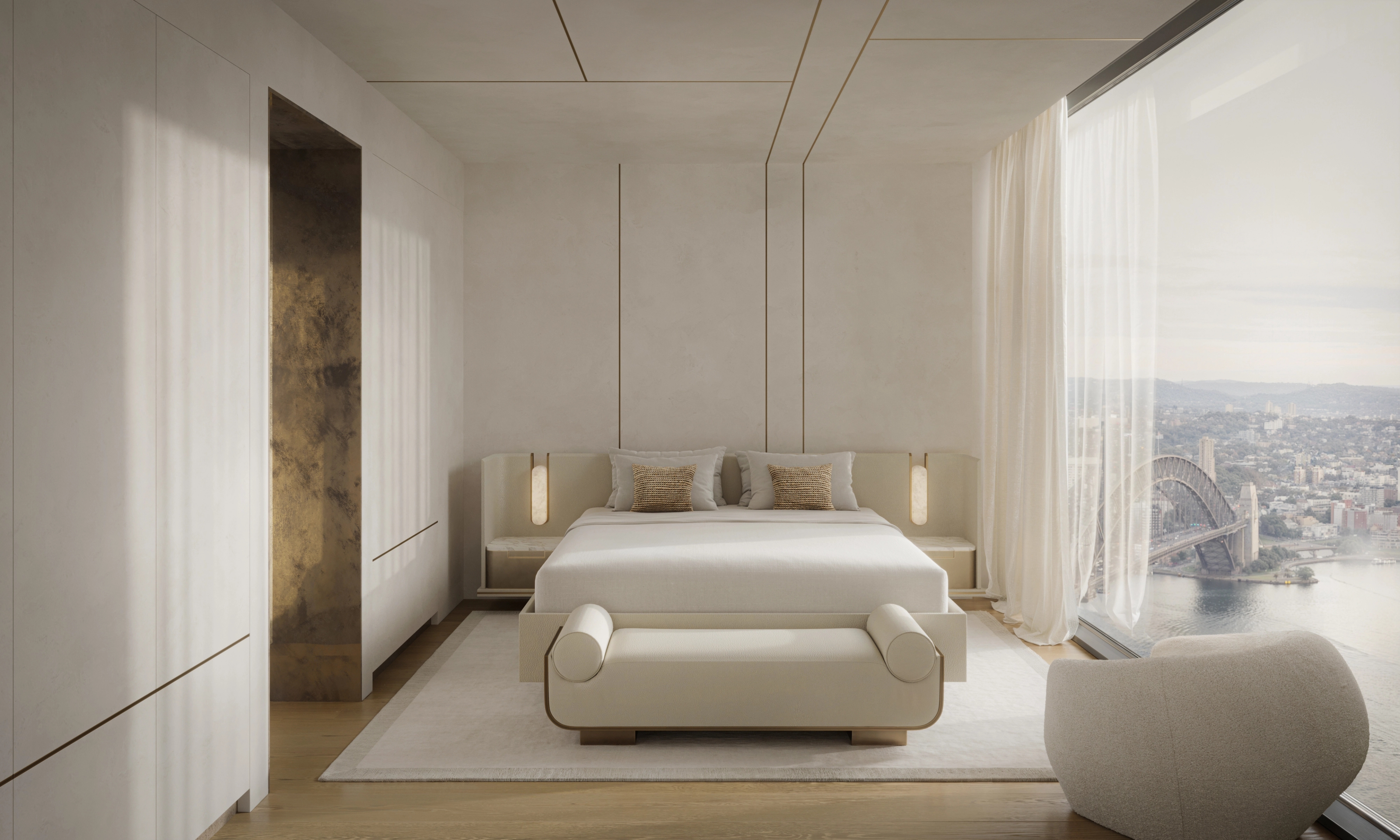 Bedroom opening to a city skyline with a curved lounge and stone feature wall, Barangaroo