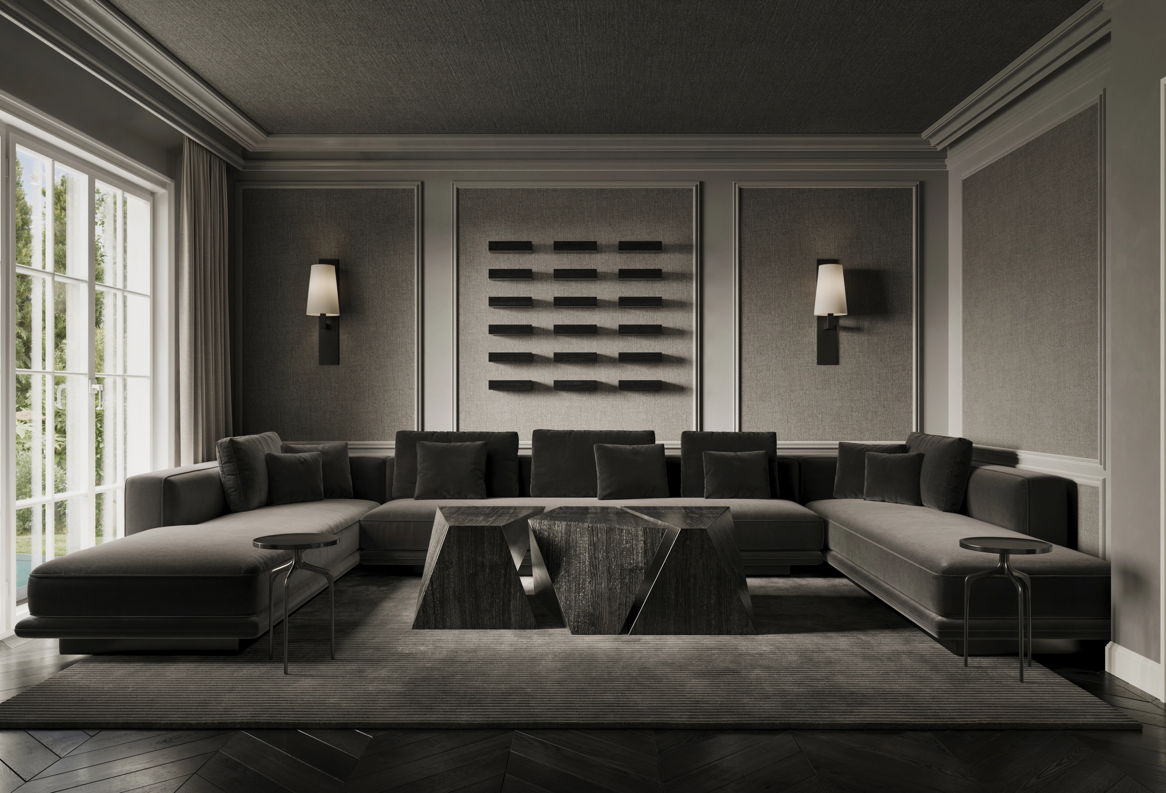 Moody charcoal media room with a deep sectional, wall sconces and linear wall art