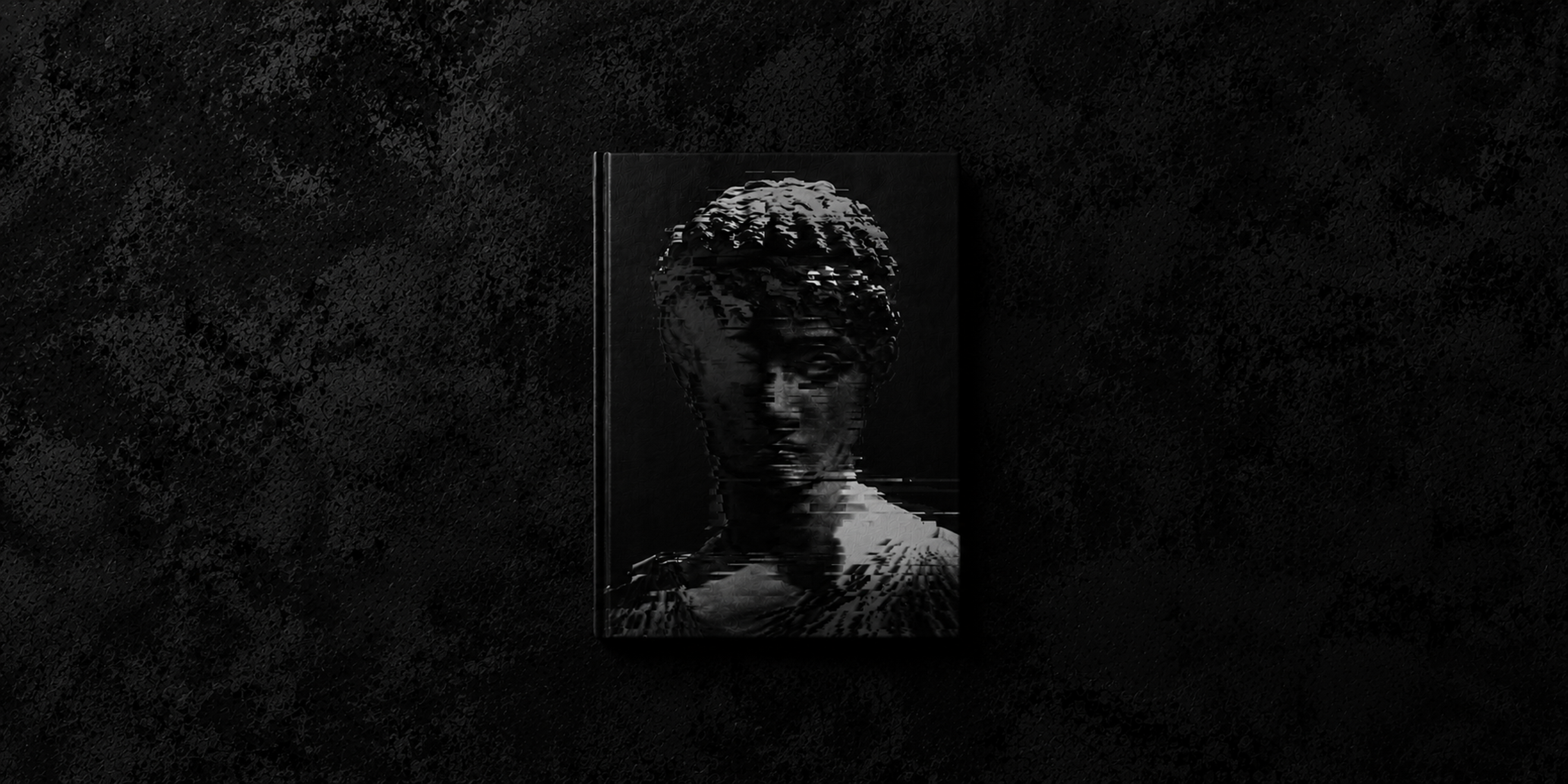 Hardcover photographic monograph resting against dark foliage, its cover a sculptural black-and-white portrait