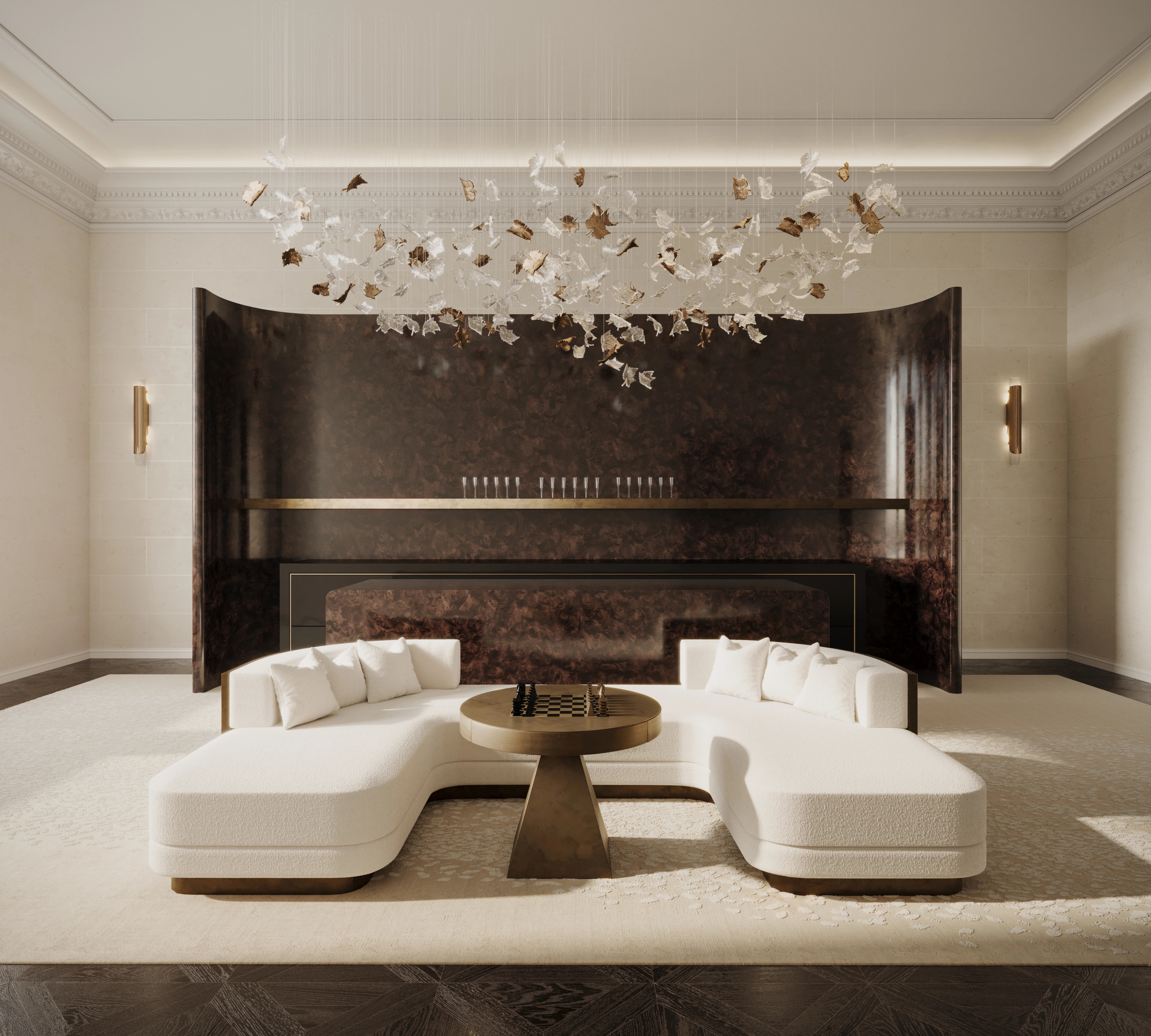 Jack Freeman-designed drawing room with marble fireplace wall and blossom chandelier, Mayfair