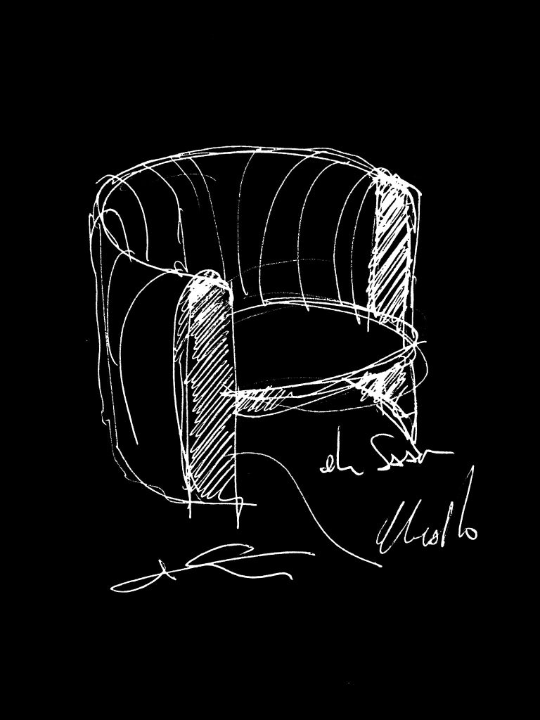 Loose white sketch of a curved tub armchair, hand-signed on black