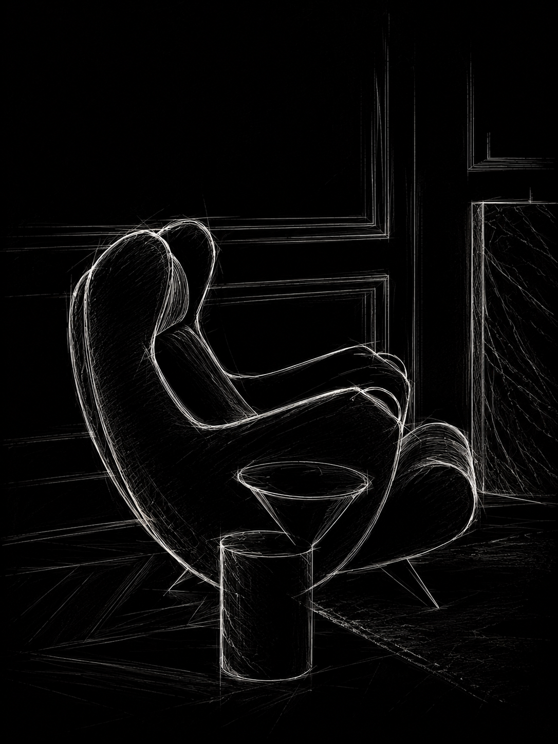 Luminous white sketch of a sculptural egg chair and cylinder table on black