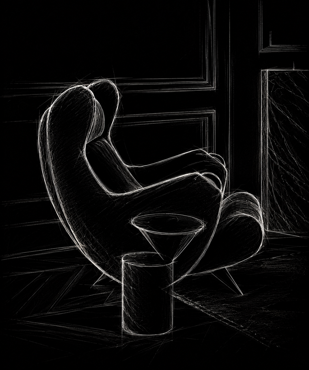 Luminous white sketch of a sculptural egg chair and cylinder table on black