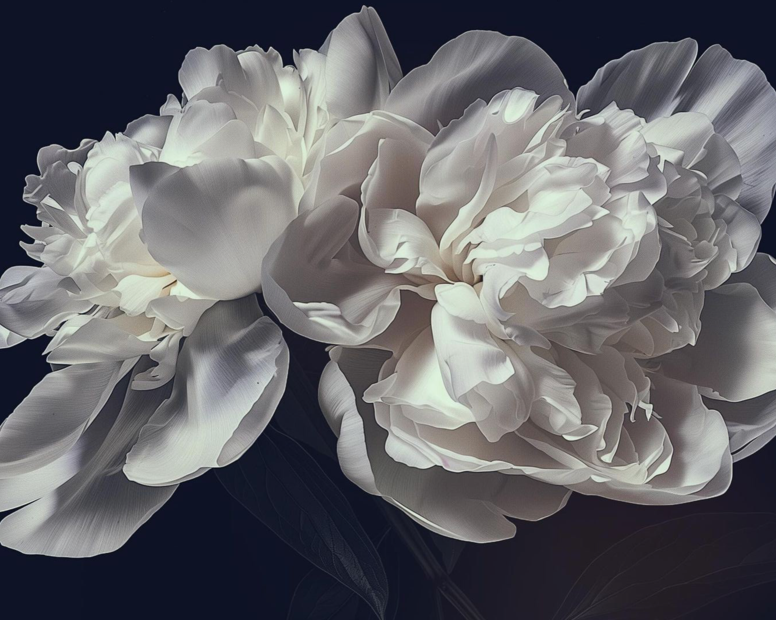 Blousy white peonies photographed against a deep navy backdrop