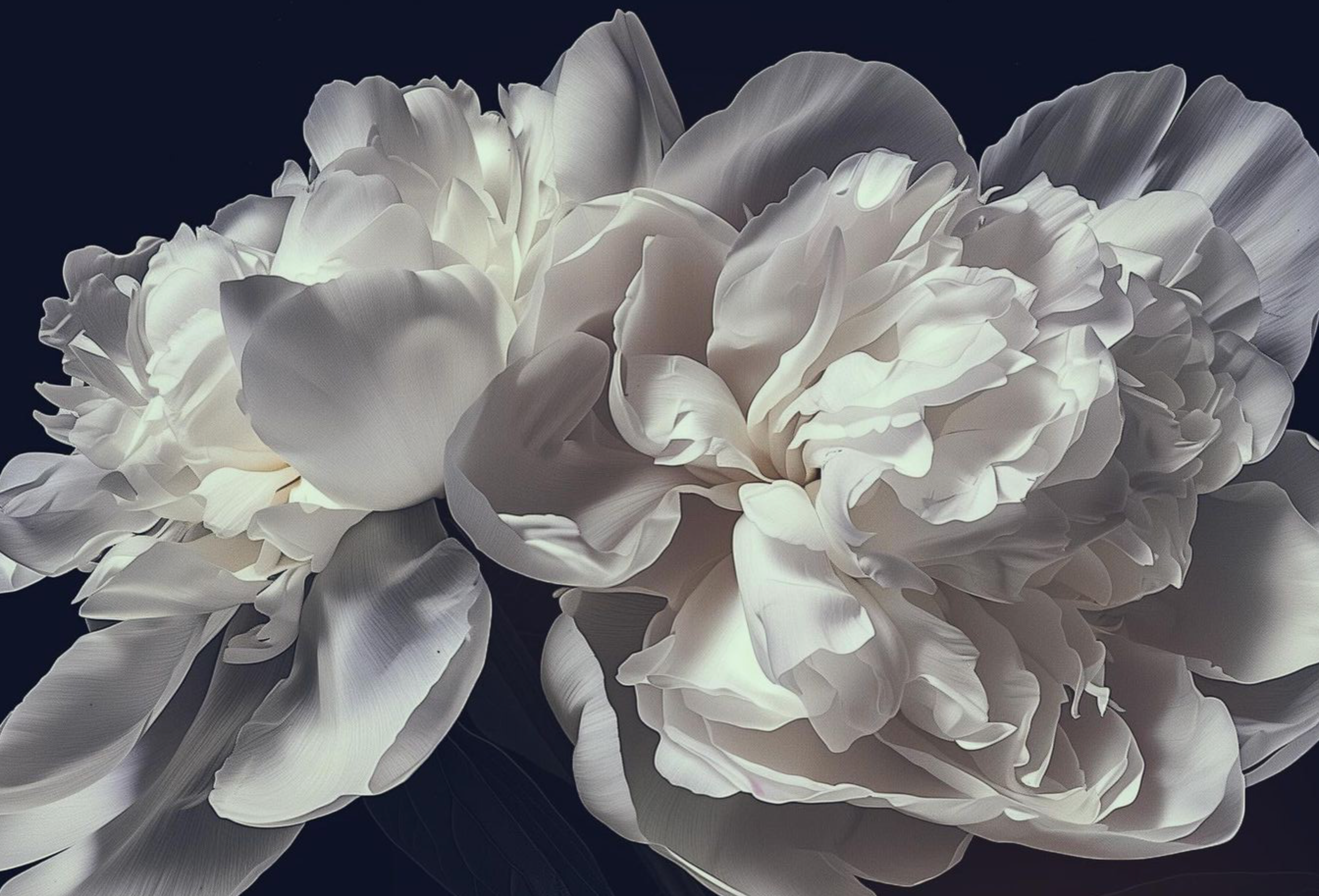 Blousy white peonies photographed against a deep navy backdrop