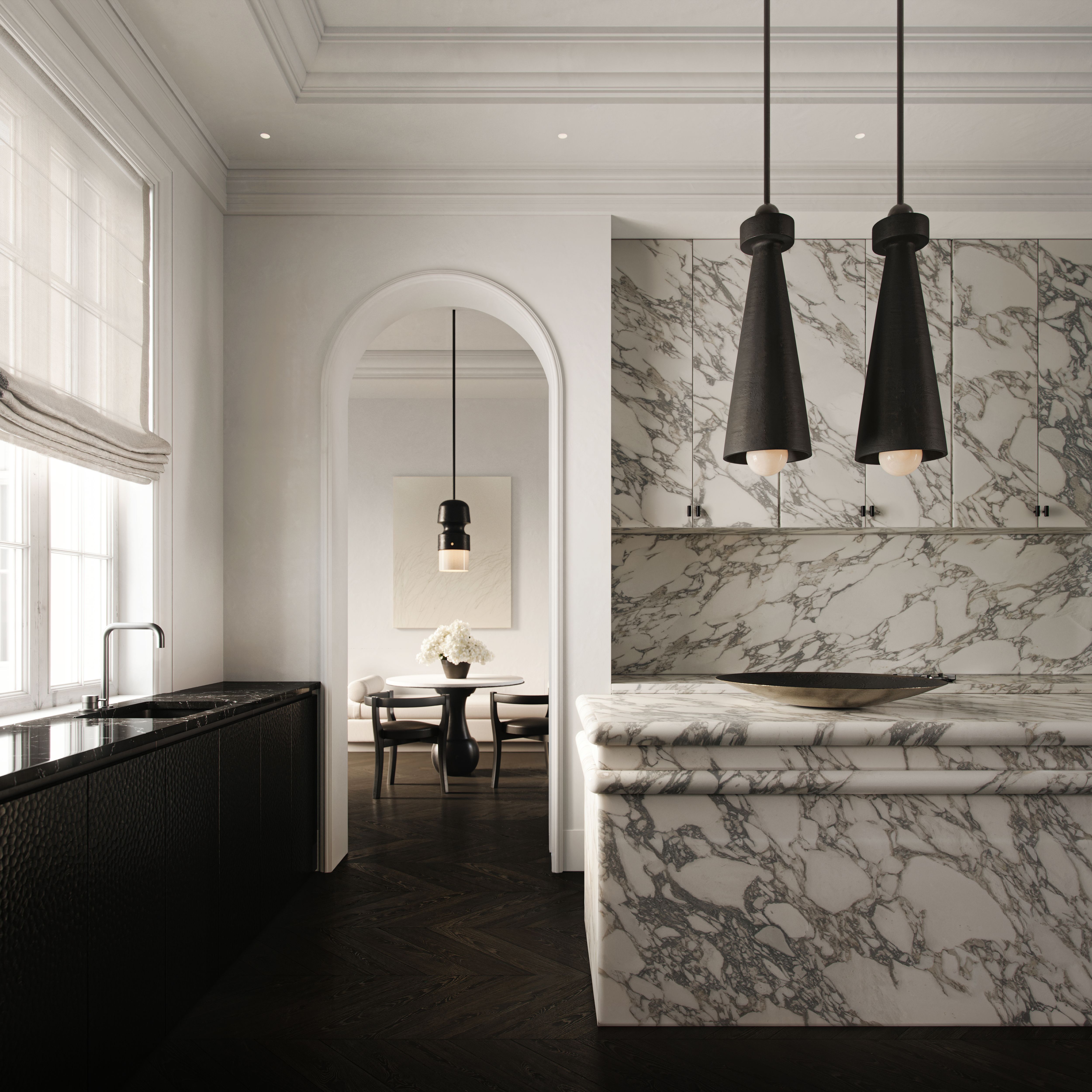 Arabescato marble island kitchen with black pendant lights, Palm Beach residence