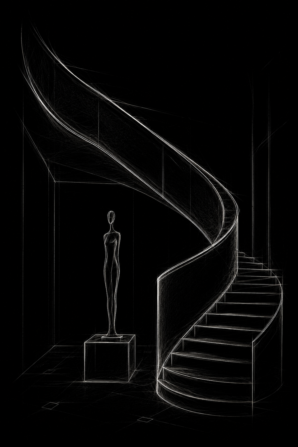 Line sketch of a spiral staircase and plinth statue on black