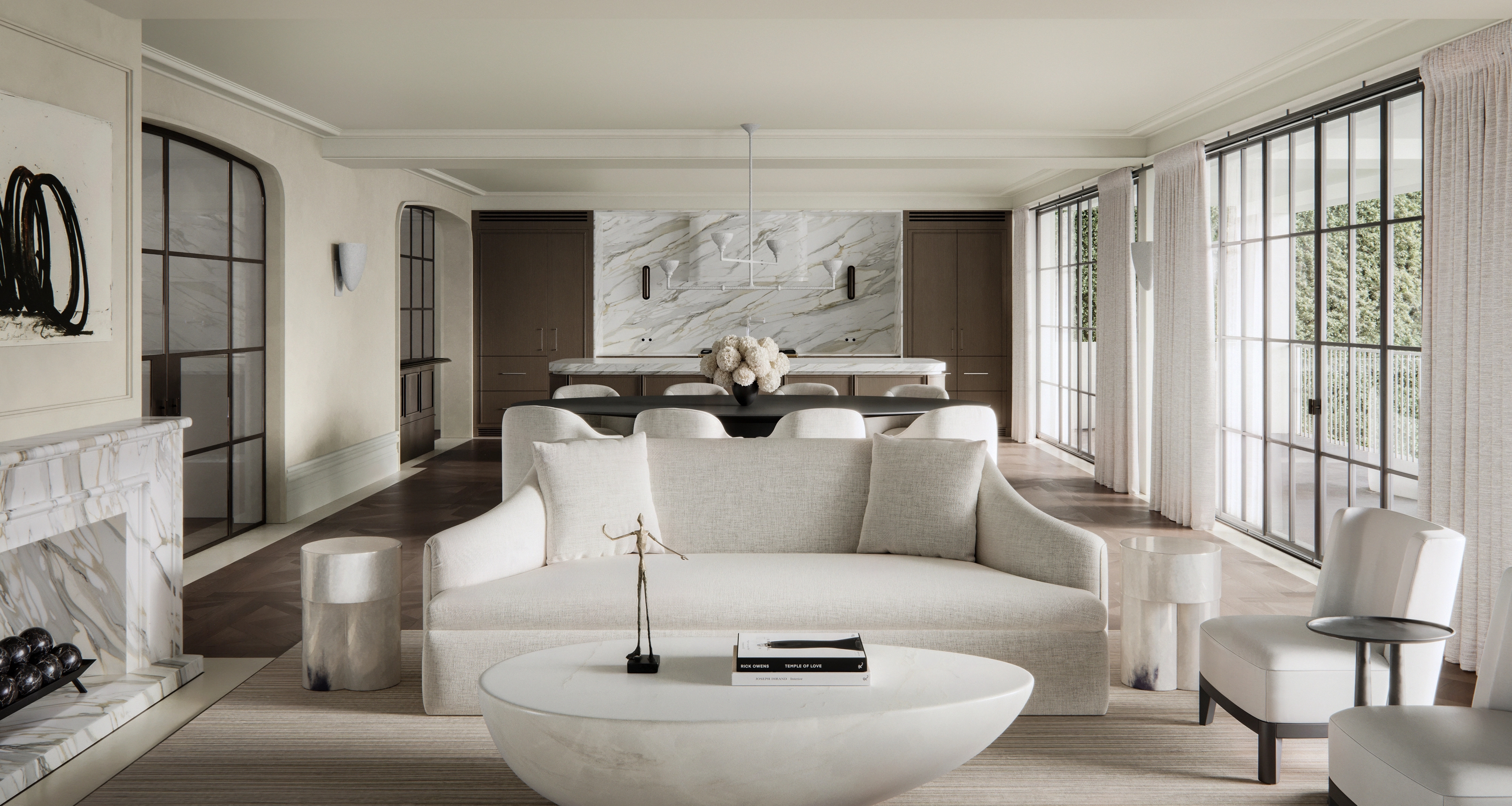 Light-filled sitting room with curved sofa and marble fireplace at Bellevue Hill