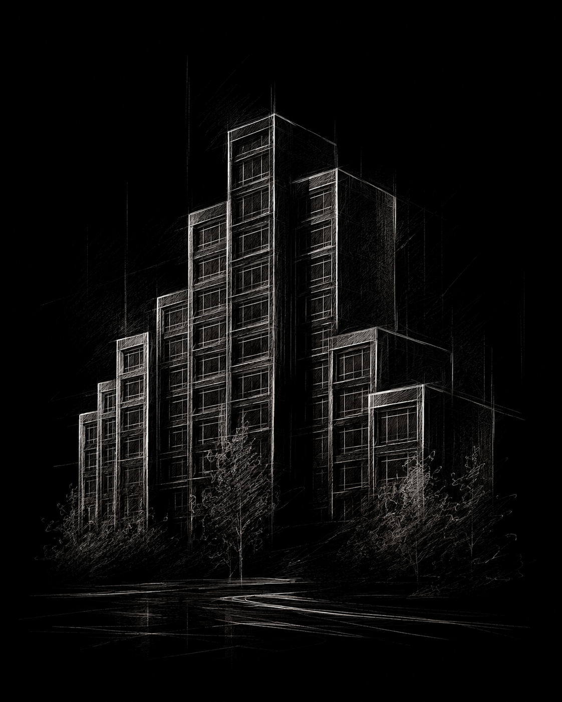 Stepped, terraced building drawn in white lines on a black ground