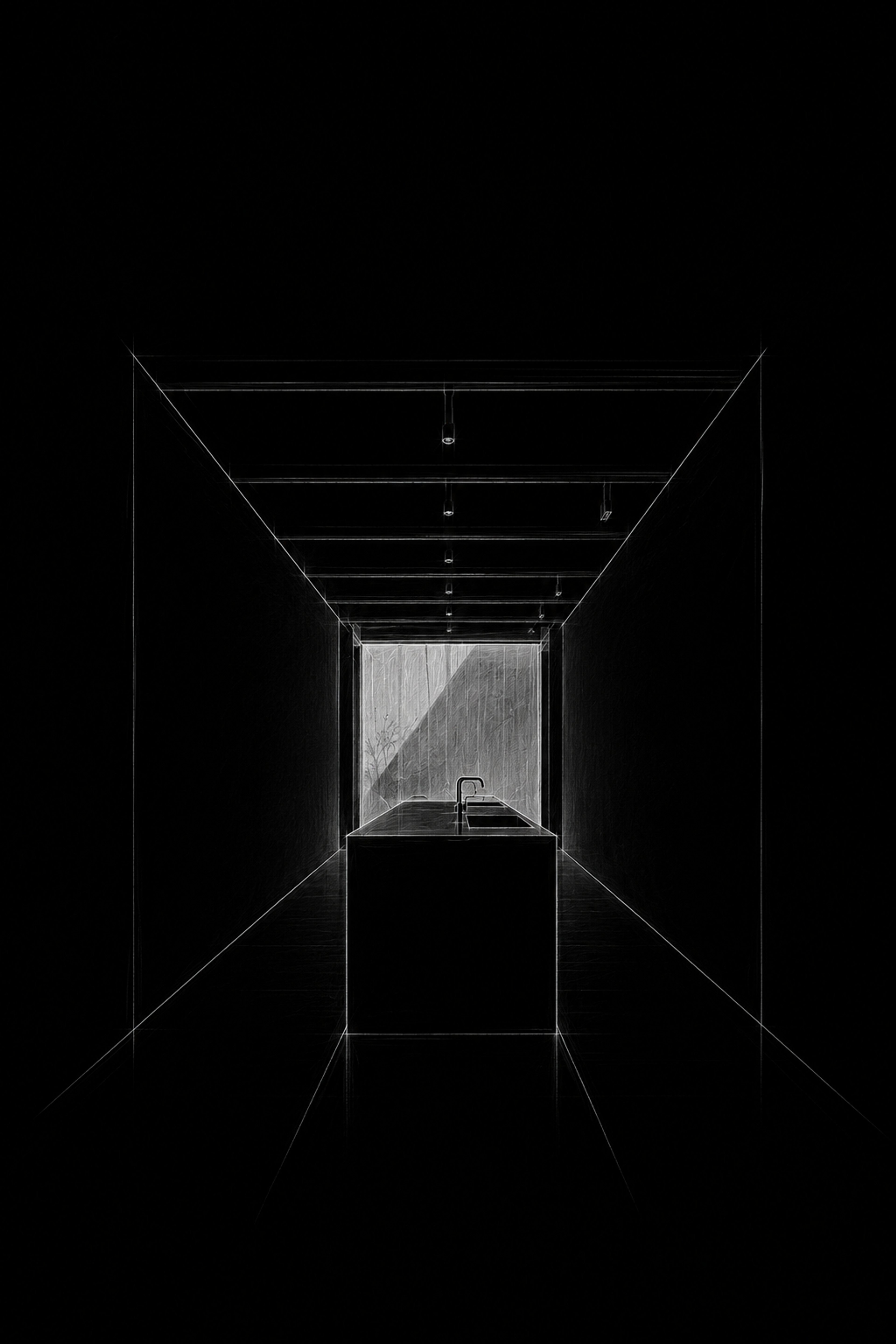 Dark corridor in sharp perspective framing a lit kitchen island at Balmoral Beach