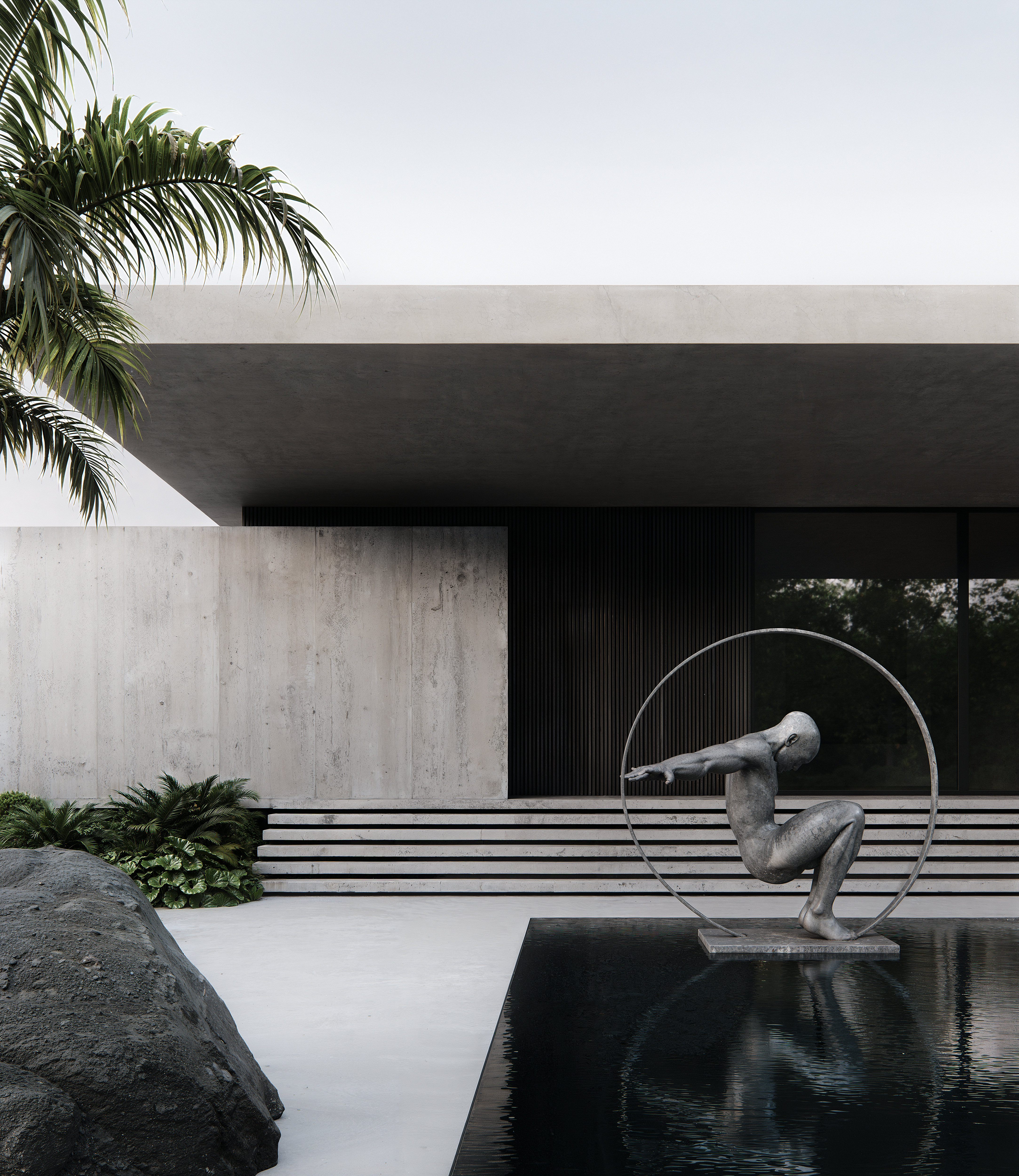 Concrete pavilion and reflection pool with crouching-figure sculpture, Caribbean estate