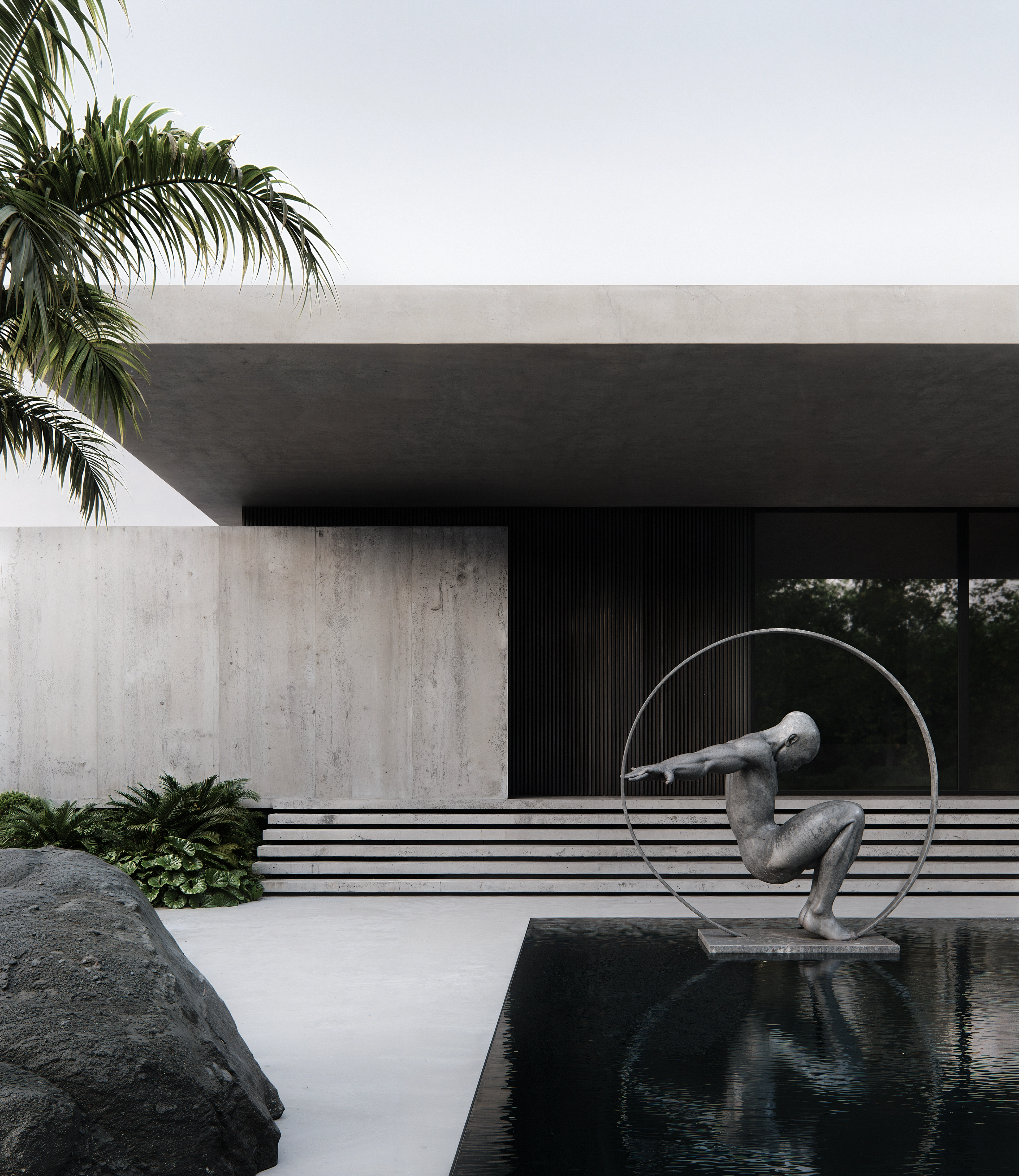 Jack Freeman-designed concrete villa with a reflecting pool, palm and a figure poised in a ring