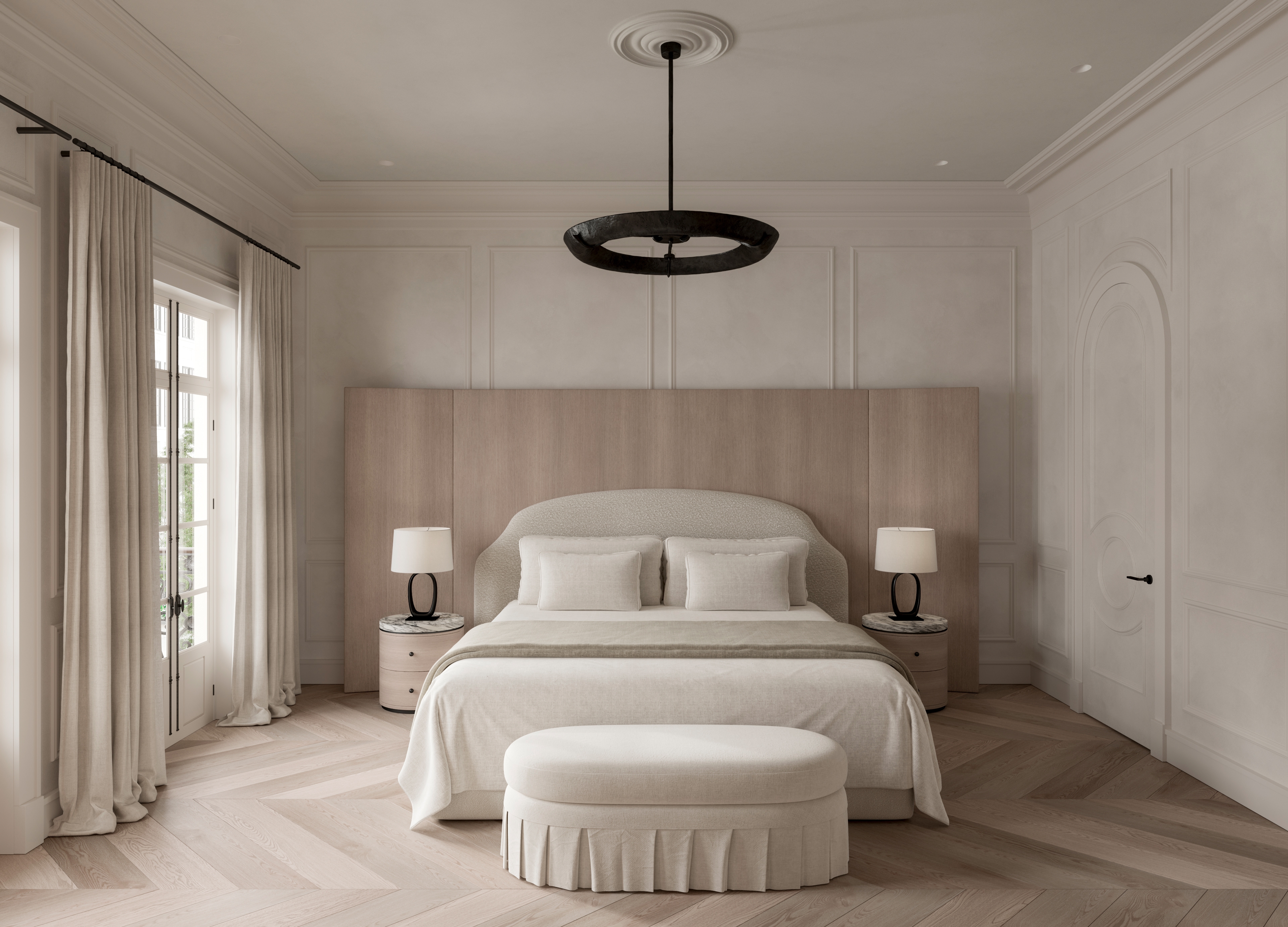 Serene Paddington bedroom by Freeman & Co with a timber-panelled headboard and skirted ottoman
