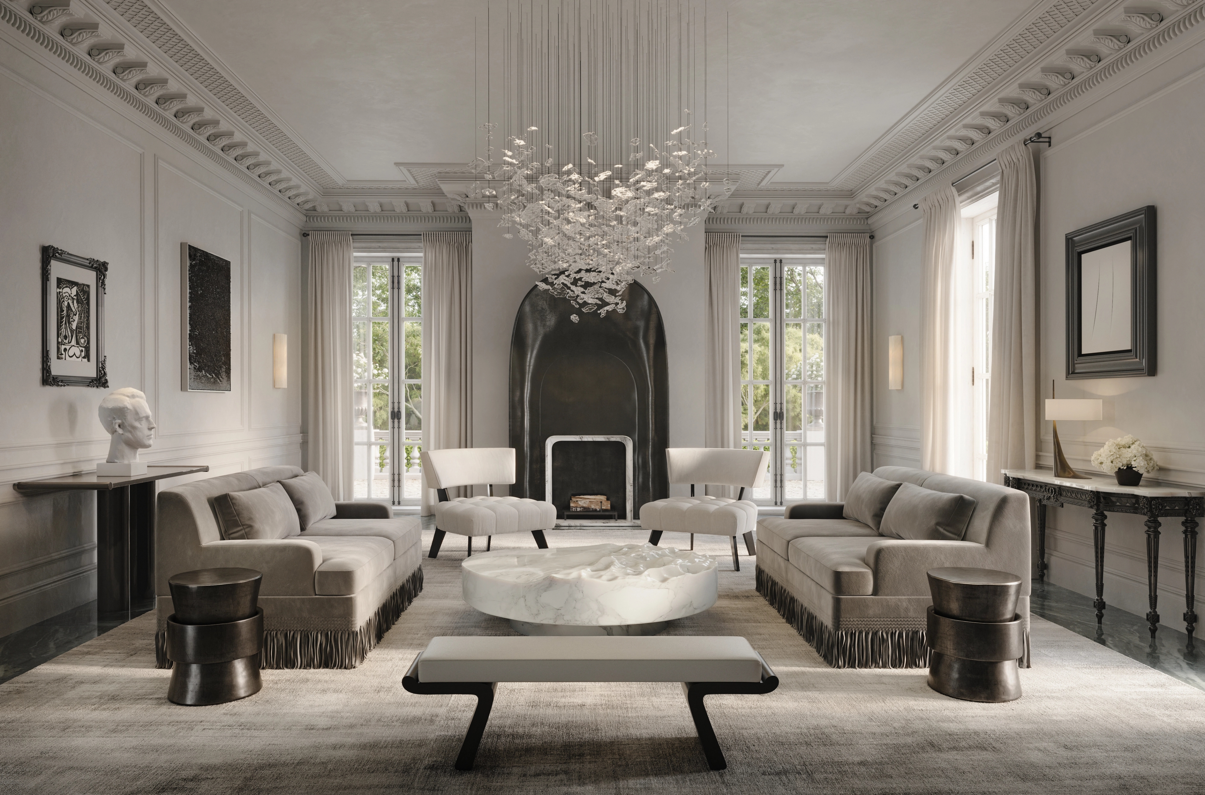 Jack Freeman-designed grand salon with ornate plasterwork and glass chandelier, Bel Air