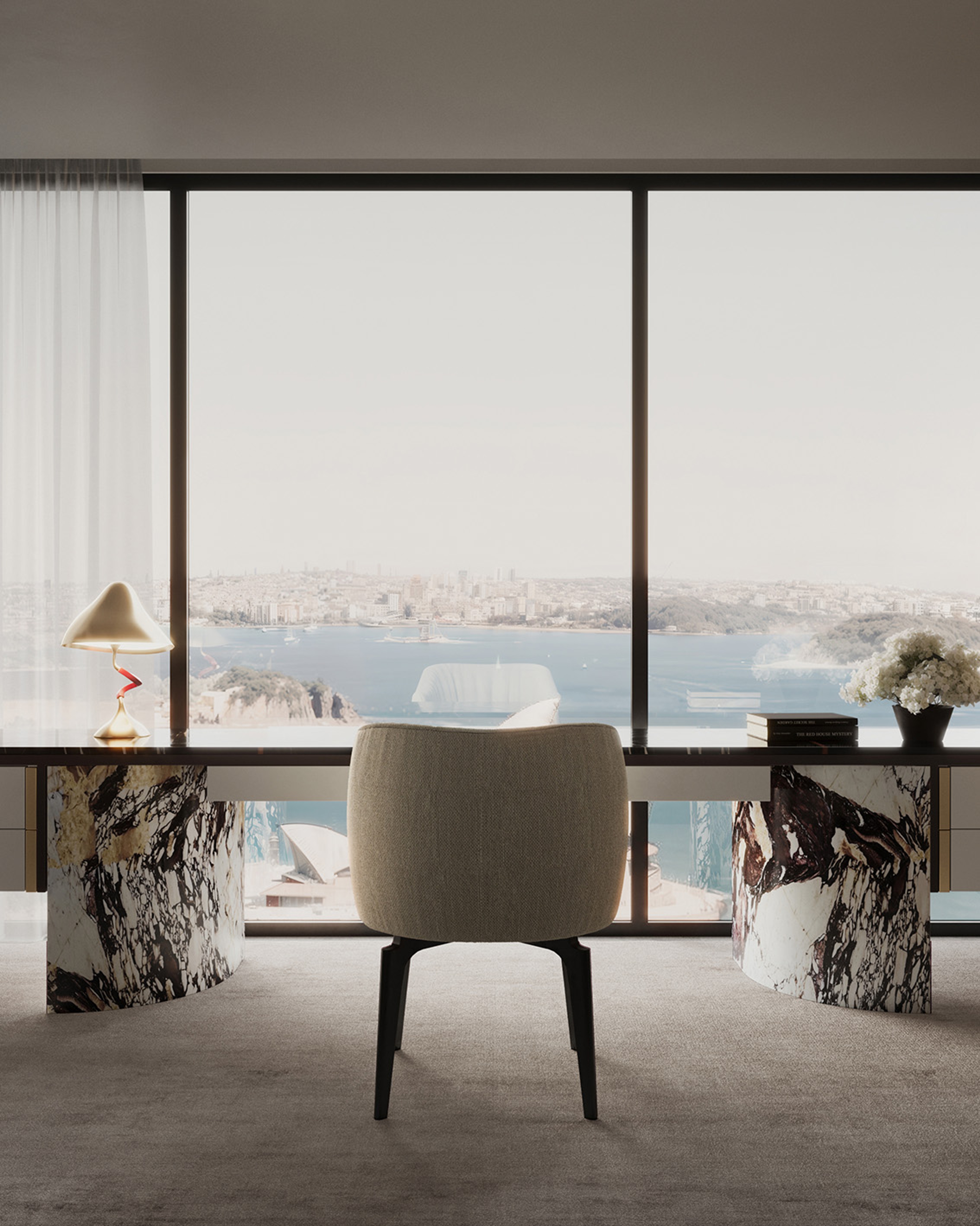 Curved armchair and marble side tables framing a harbour outlook, Barangaroo